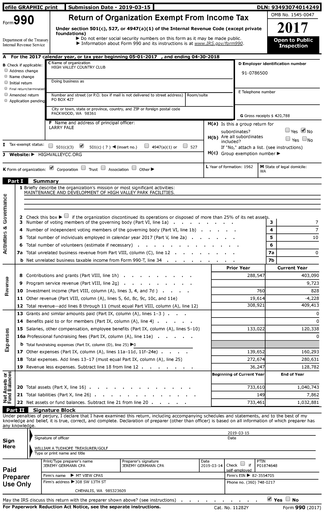 Image of first page of 2017 Form 990 for High Valley Country Club