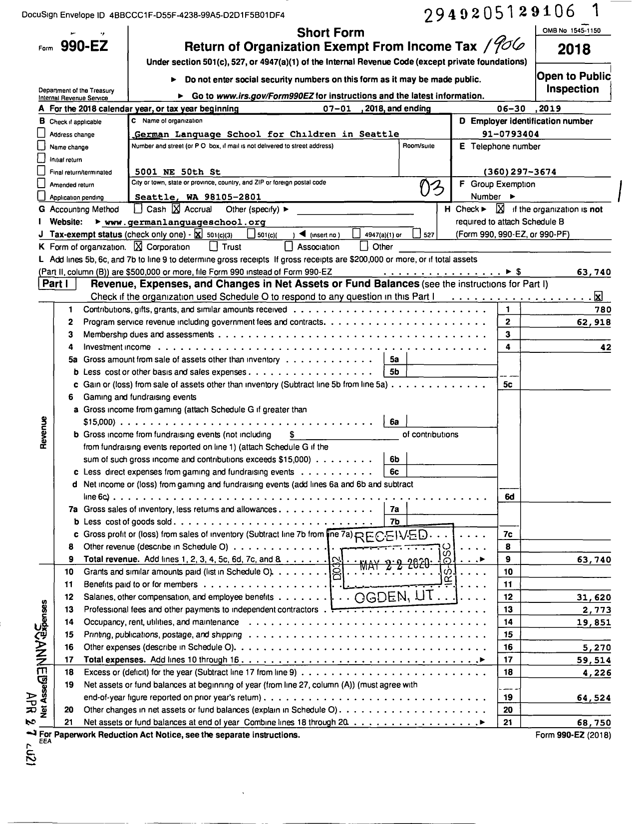 Image of first page of 2018 Form 990EZ for German Language School for Children in Seattle