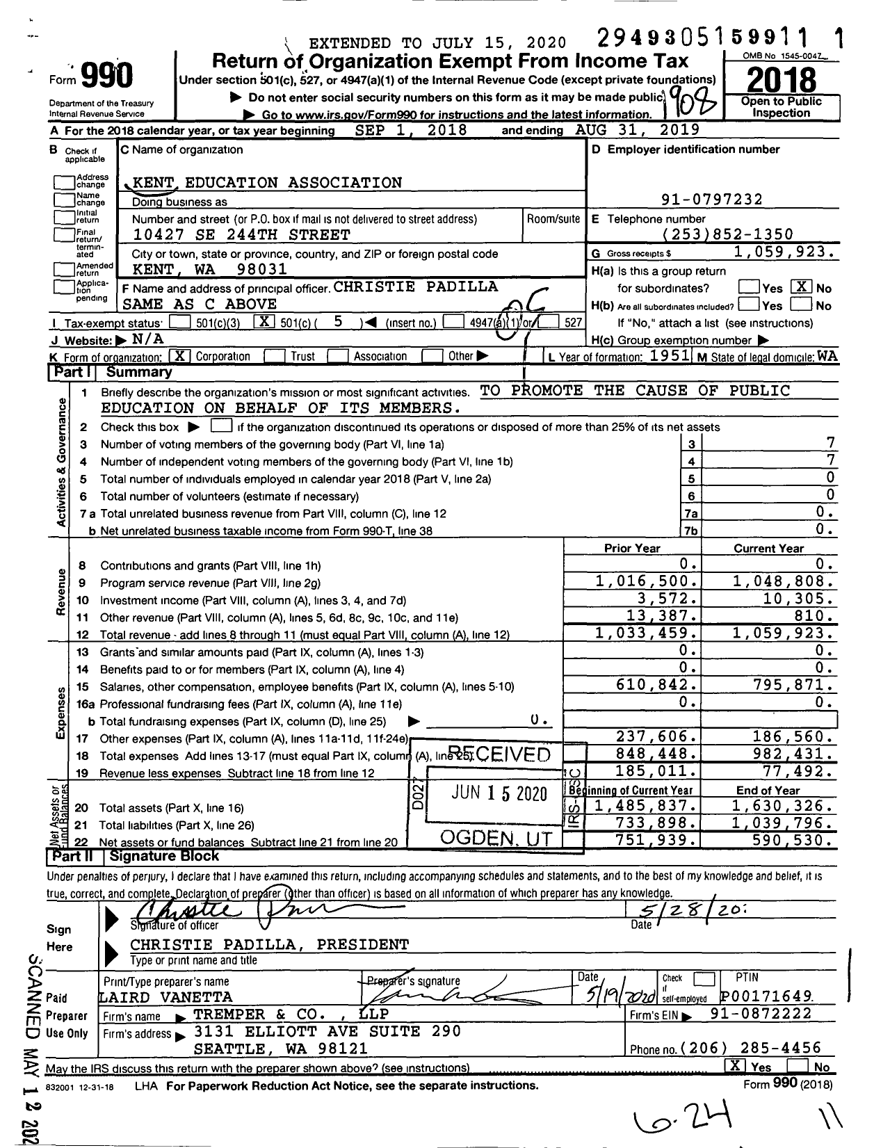 Image of first page of 2018 Form 990O for Kent Education Association (KEA)