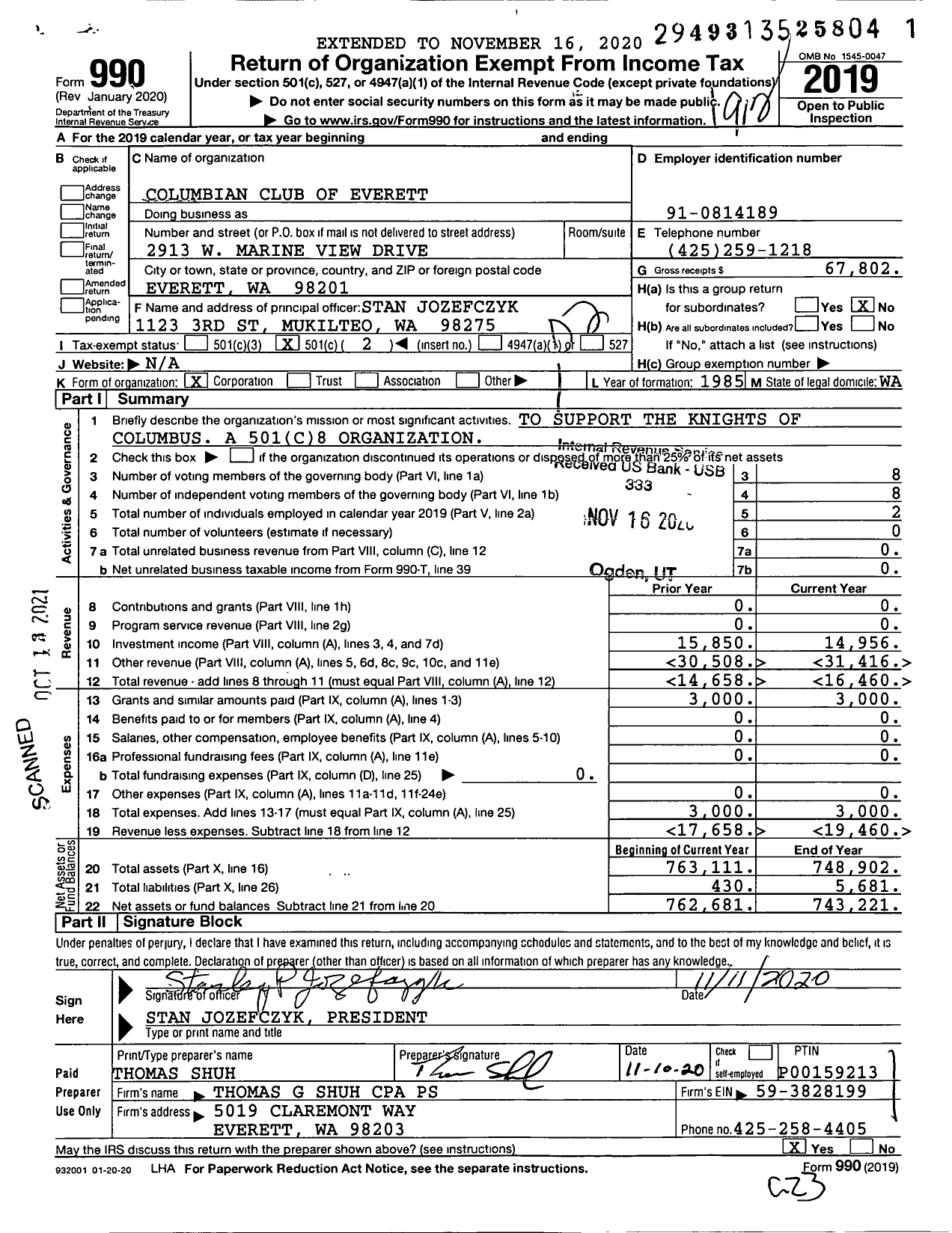 Image of first page of 2019 Form 990O for Columbian Club of Everett