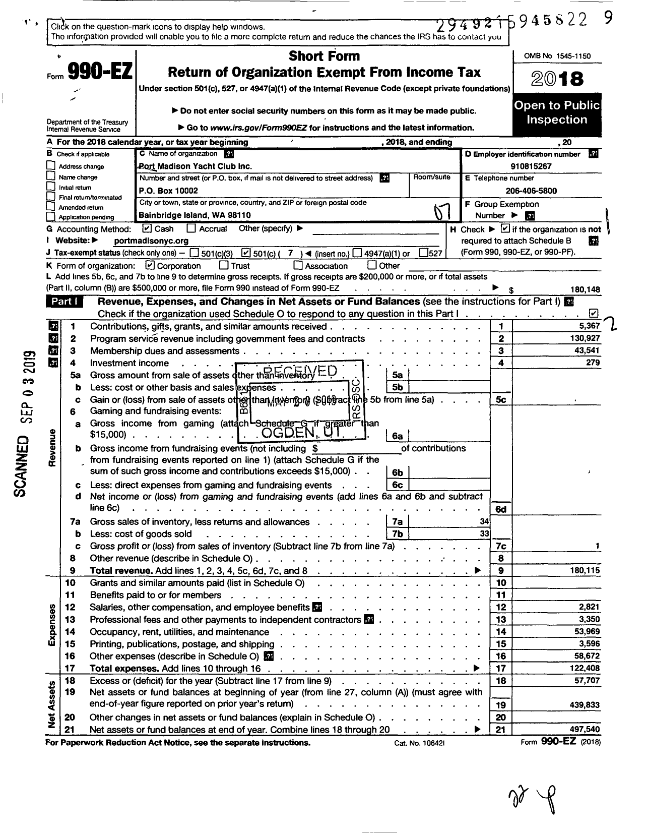 Image of first page of 2018 Form 990EO for Port Madison Yacht Club