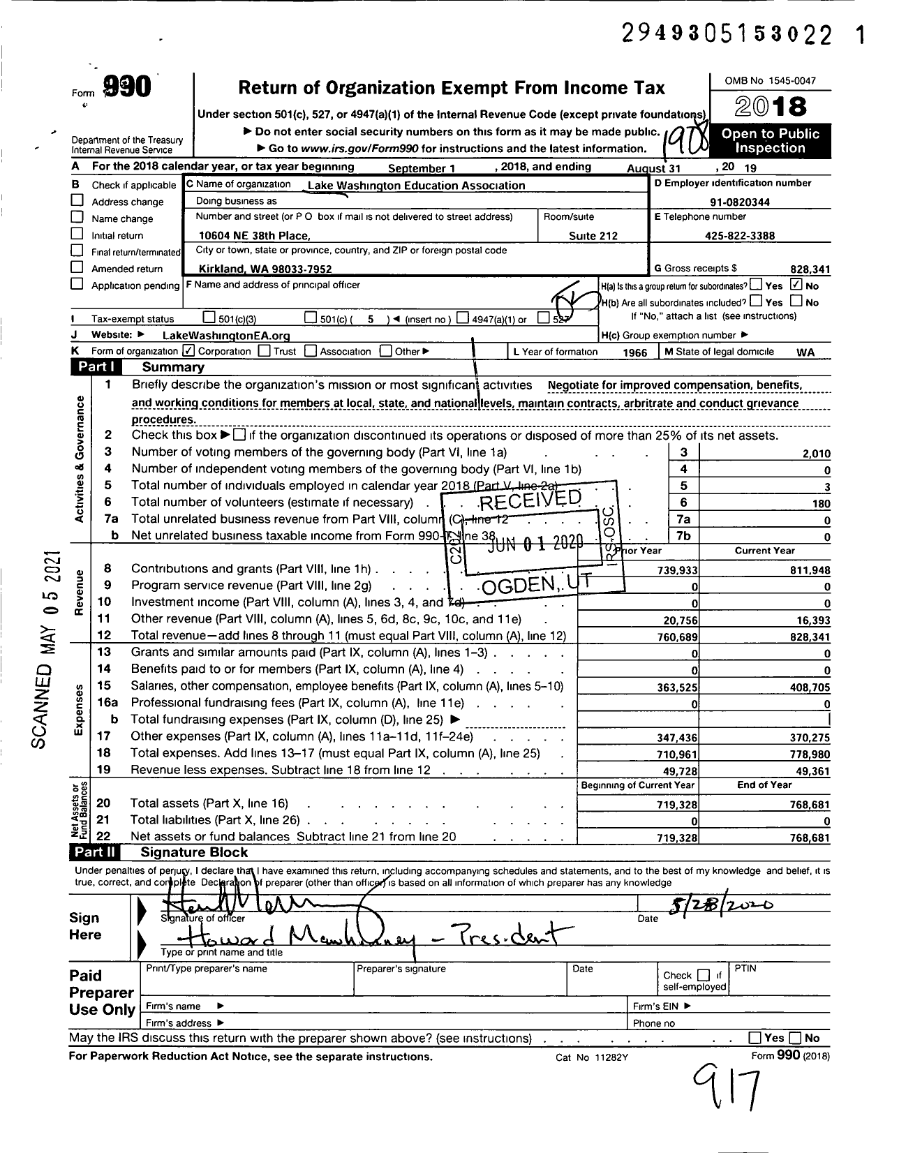 Image of first page of 2018 Form 990O for Lake Washington Education Association