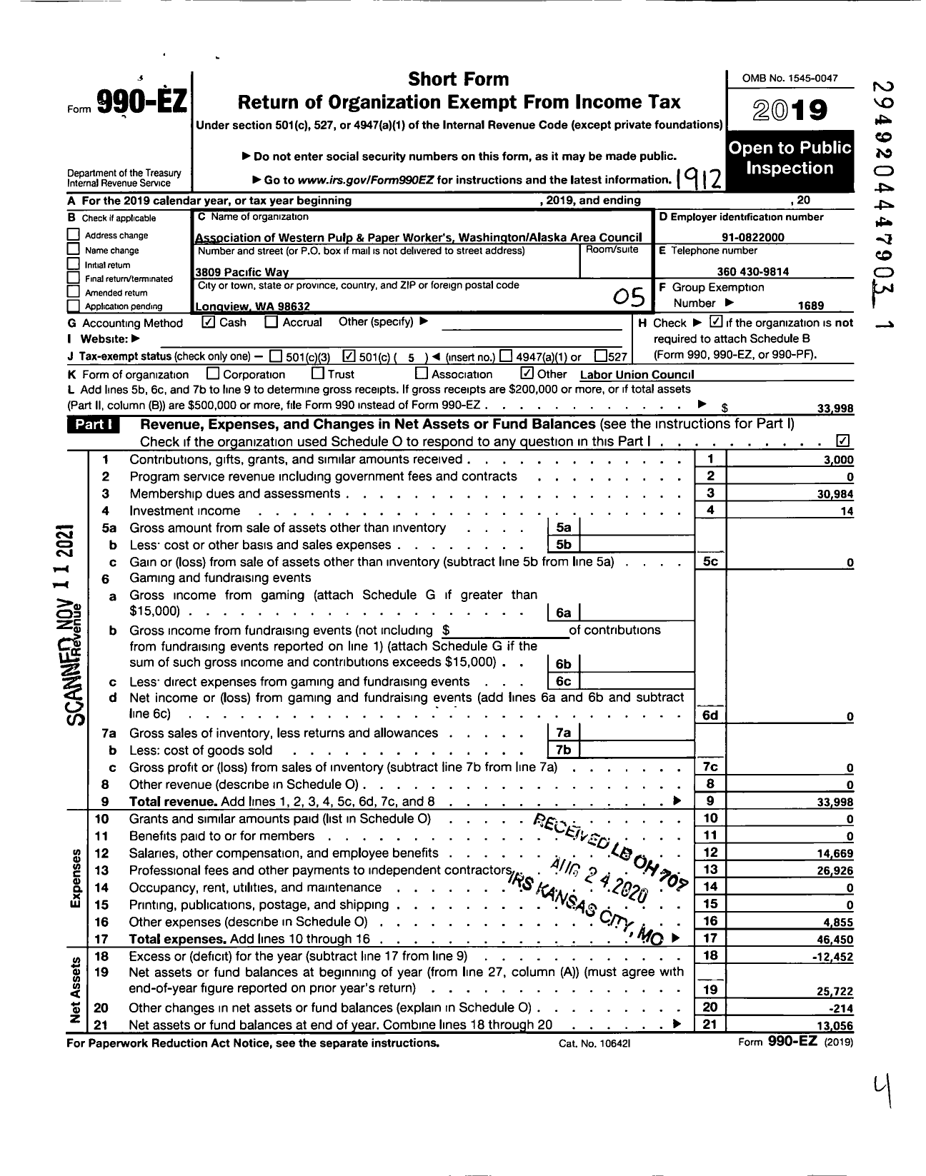 Image of first page of 2019 Form 990EO for ASSOCIATION OF WESTERN PULP AND PAPER WORKERS WA-AK Area Council