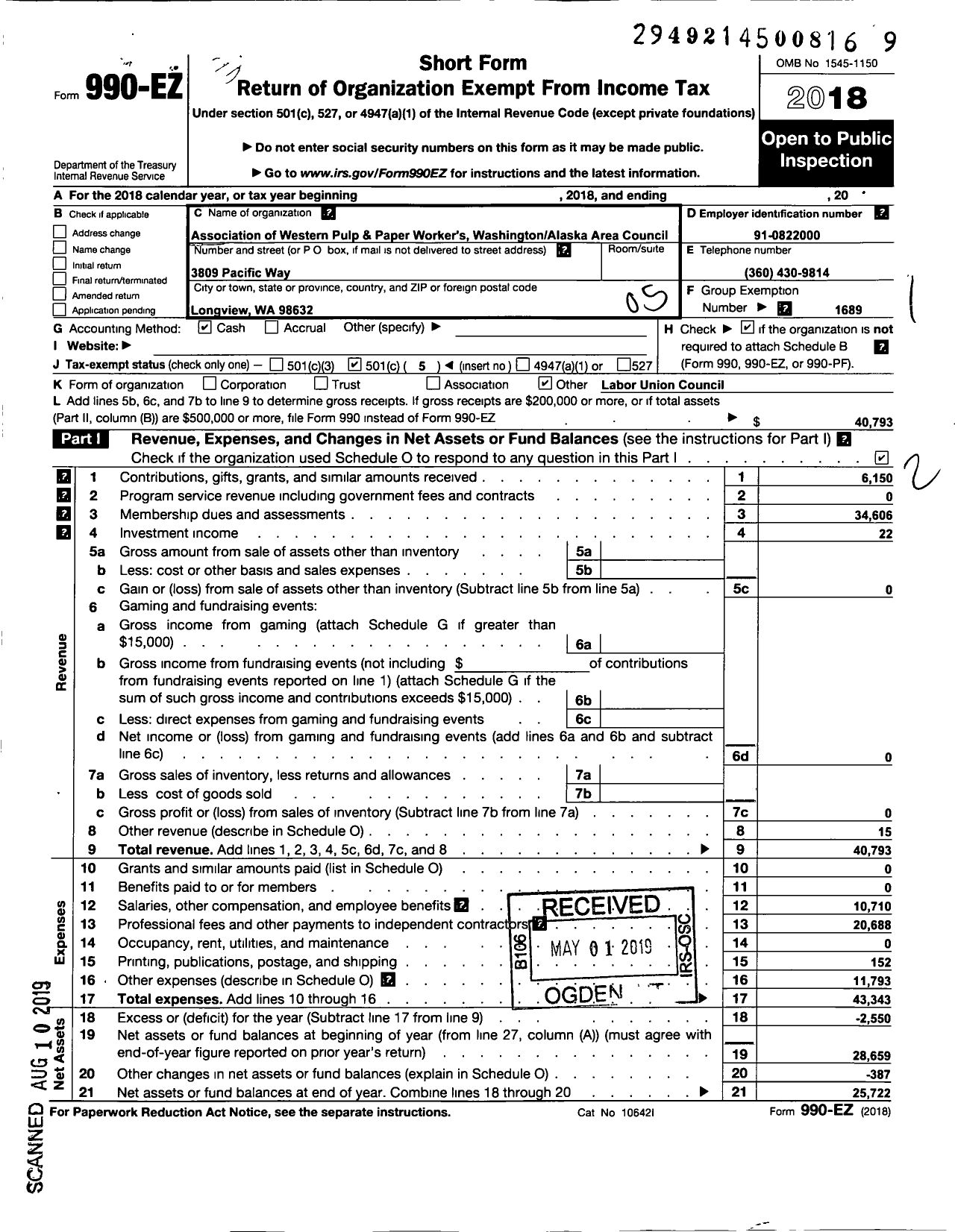 Image of first page of 2018 Form 990EO for ASSOCIATION OF WESTERN PULP AND PAPER WORKERS WA-AK Area Council