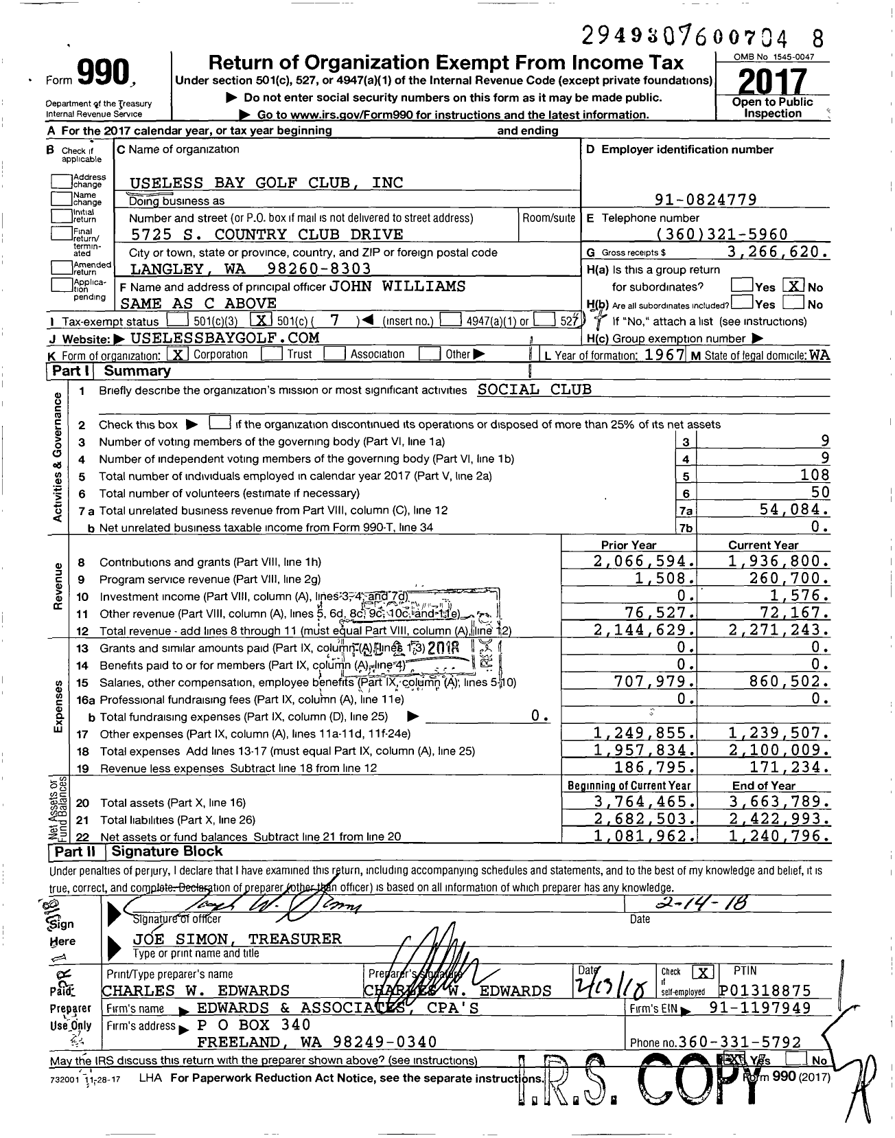 Image of first page of 2017 Form 990O for Useless Bay Golf Club