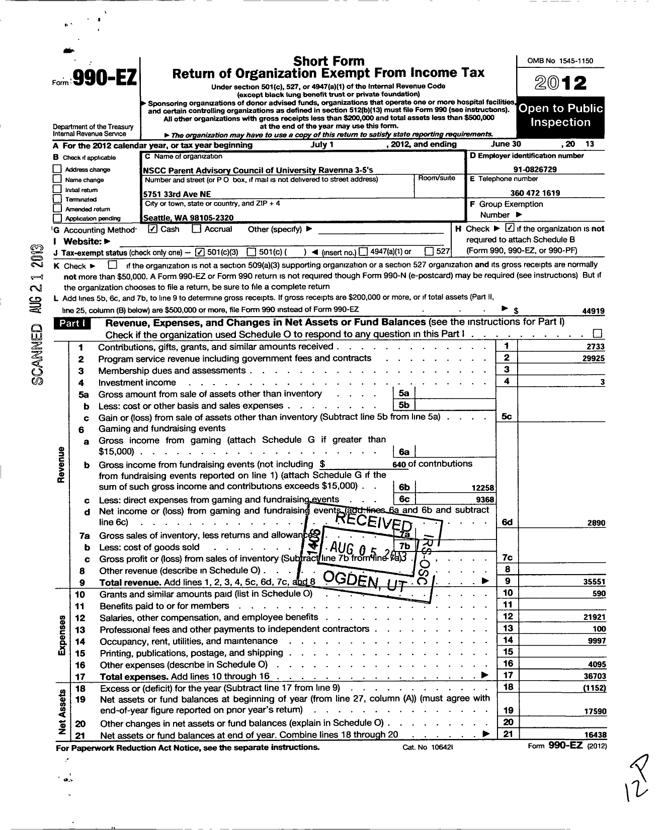 Image of first page of 2012 Form 990EZ for NSCC Parent Advisory Council of Parent Cooperative Preschools / University-Ravenna Cooperative Pres