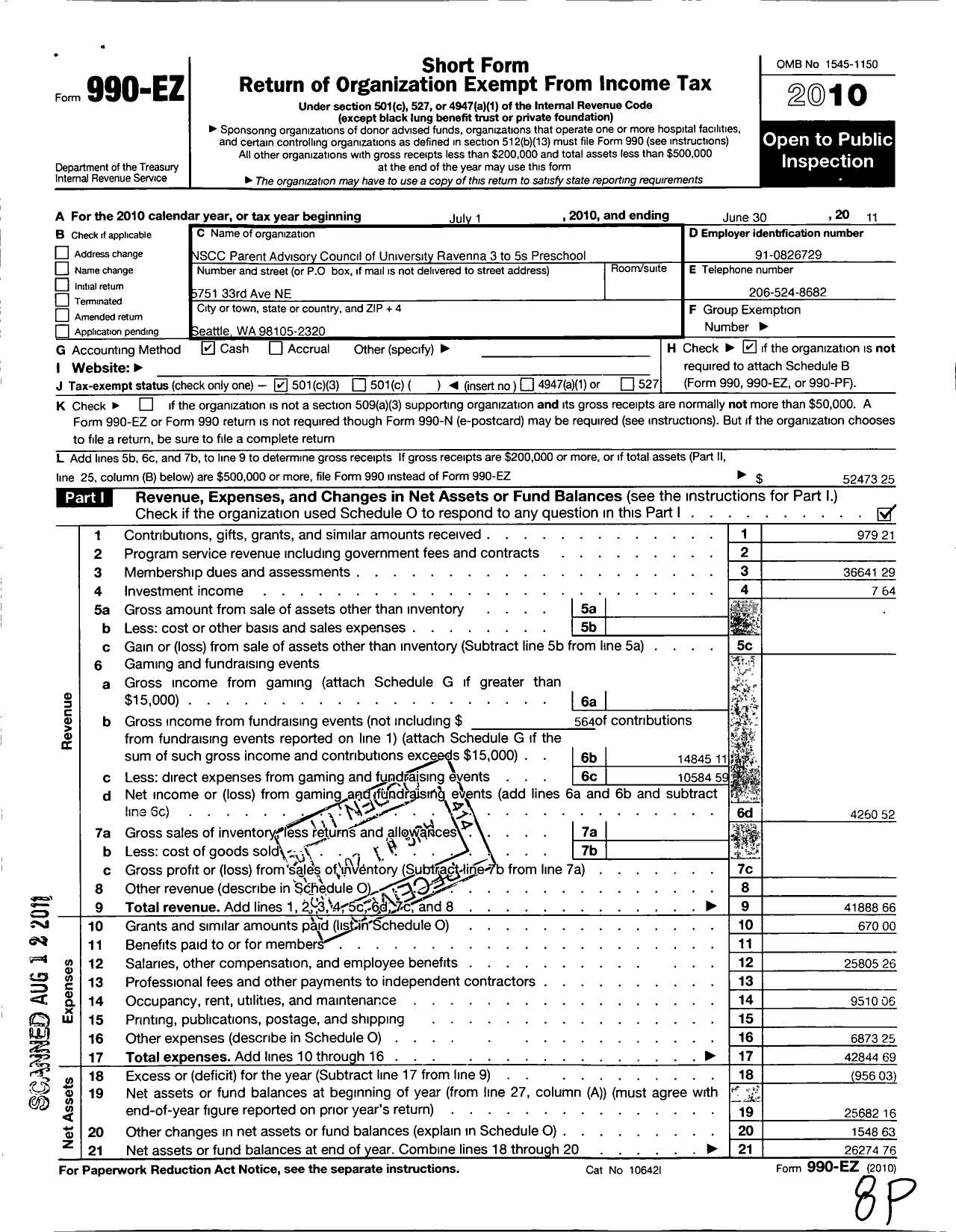 Image of first page of 2010 Form 990EZ for NSCC Parent Advisory Council of Parent Cooperative Preschools / University-Ravenna Cooperative Pres