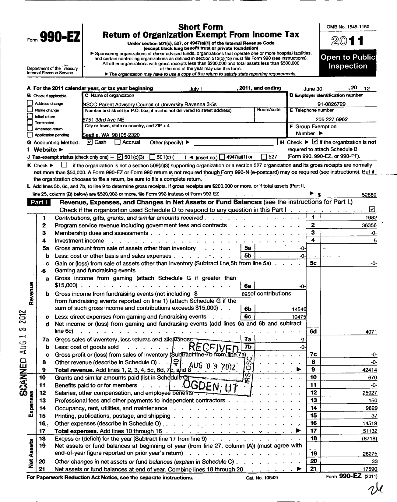 Image of first page of 2011 Form 990EZ for NSCC Parent Advisory Council of Parent Cooperative Preschools / University-Ravenna Cooperative Pres