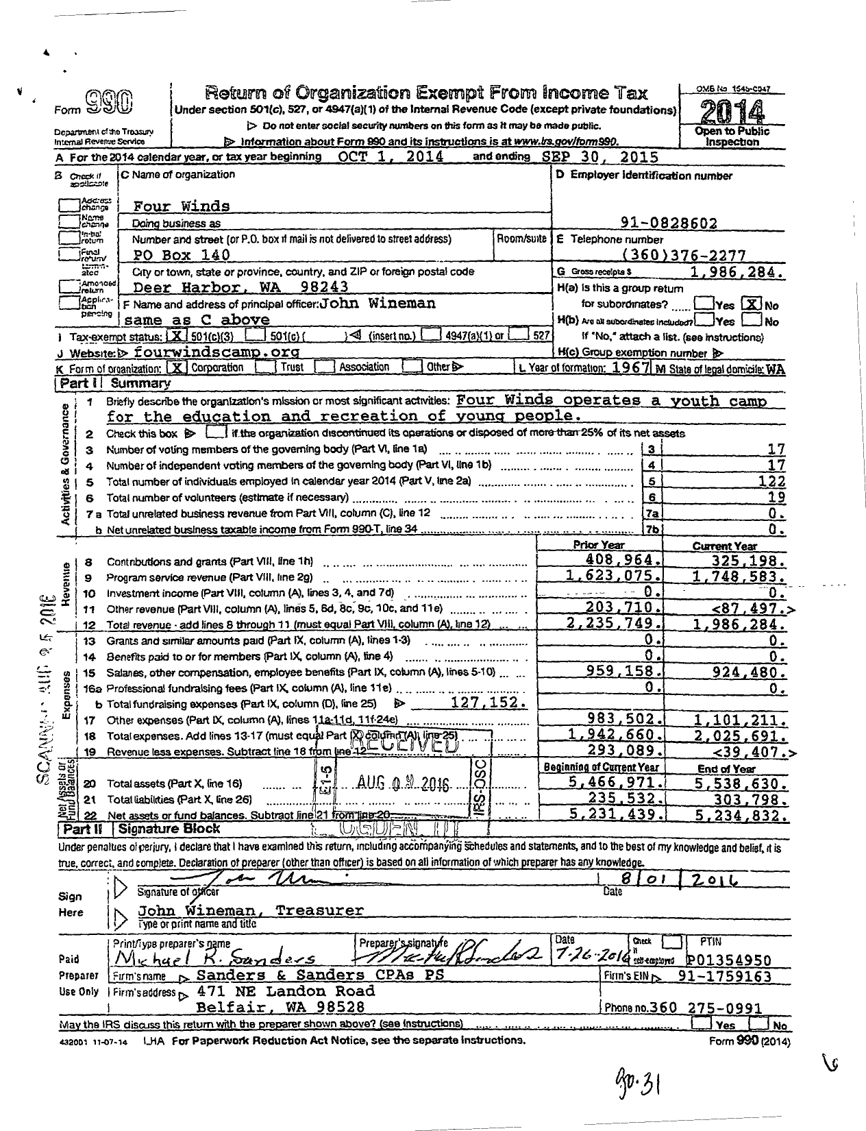 Image of first page of 2014 Form 990 for Four Winds