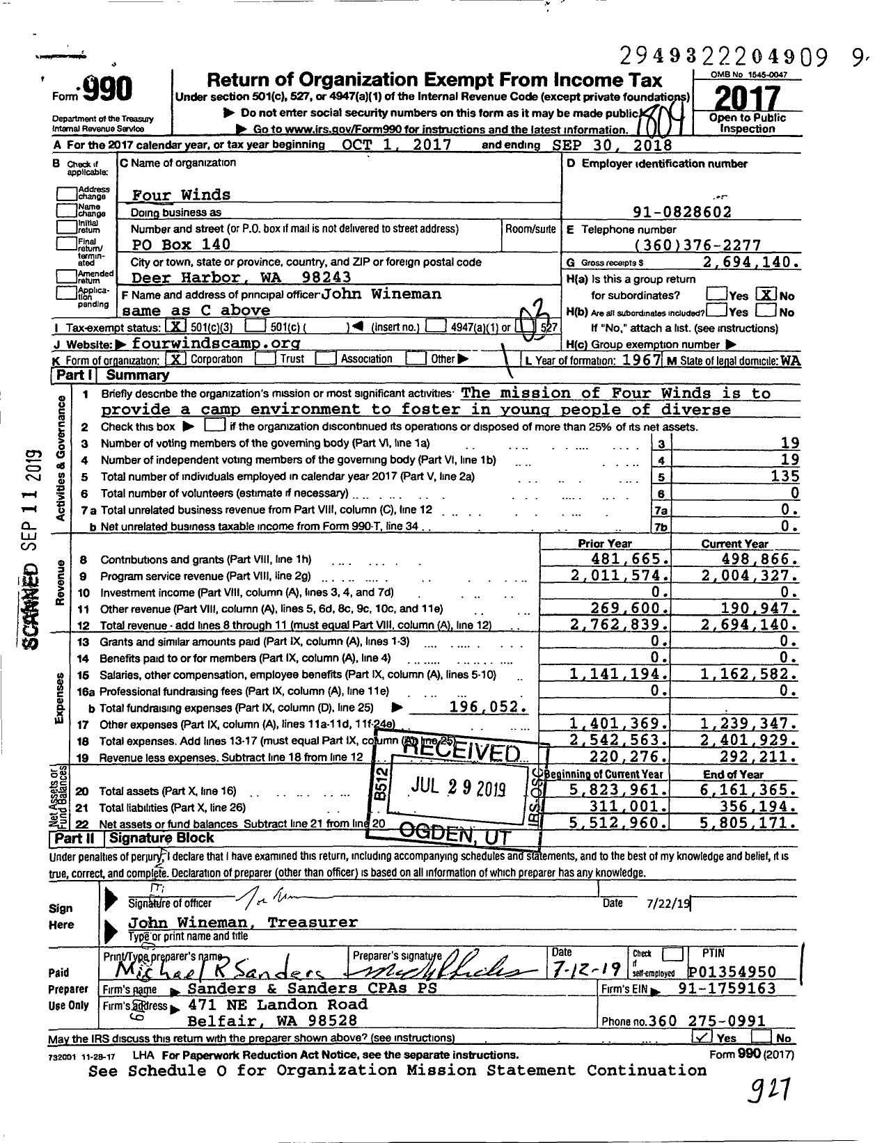 Image of first page of 2017 Form 990 for Four Winds