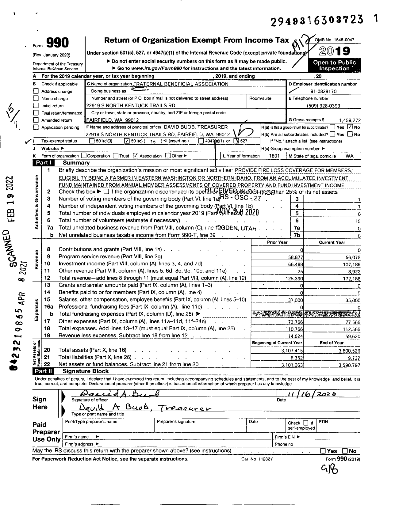 Image of first page of 2019 Form 990O for Fraternal Beneficial Association