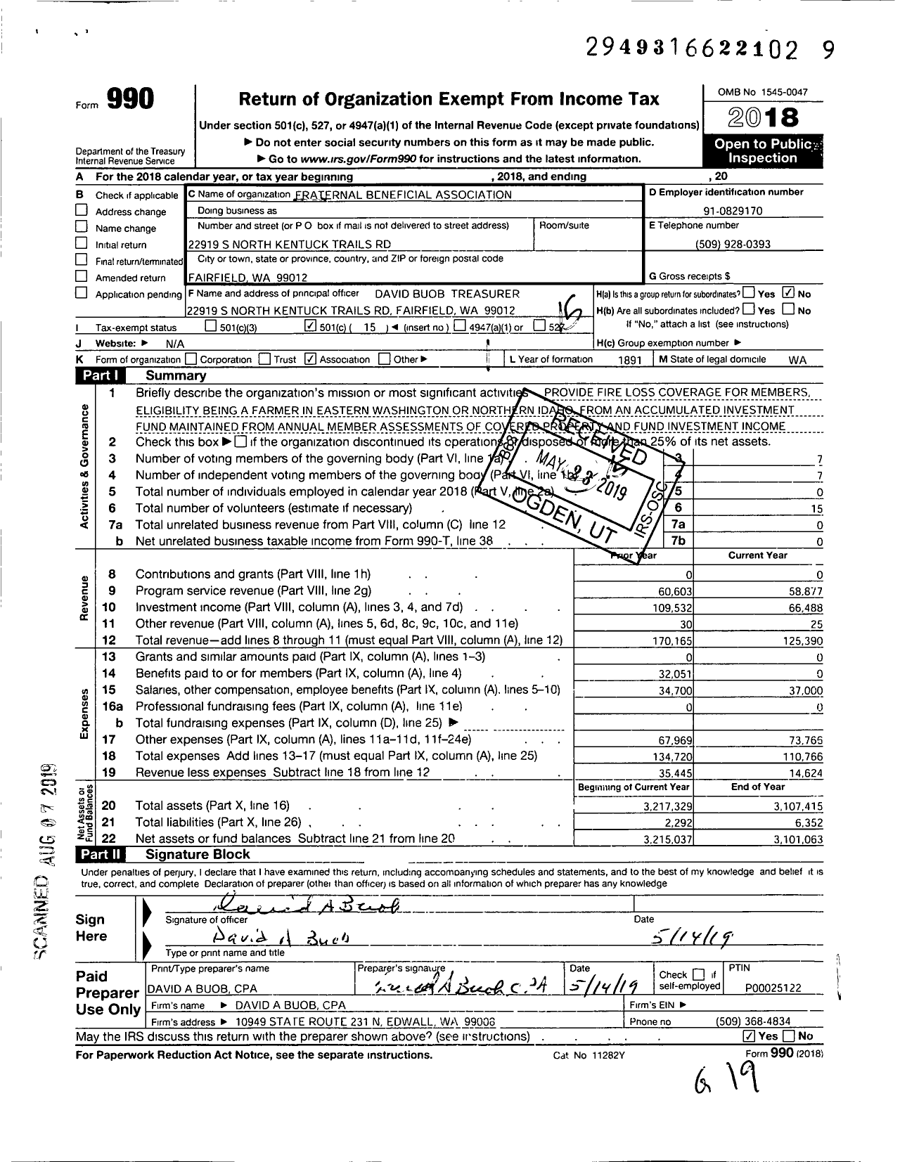 Image of first page of 2018 Form 990O for Fraternal Beneficial Association