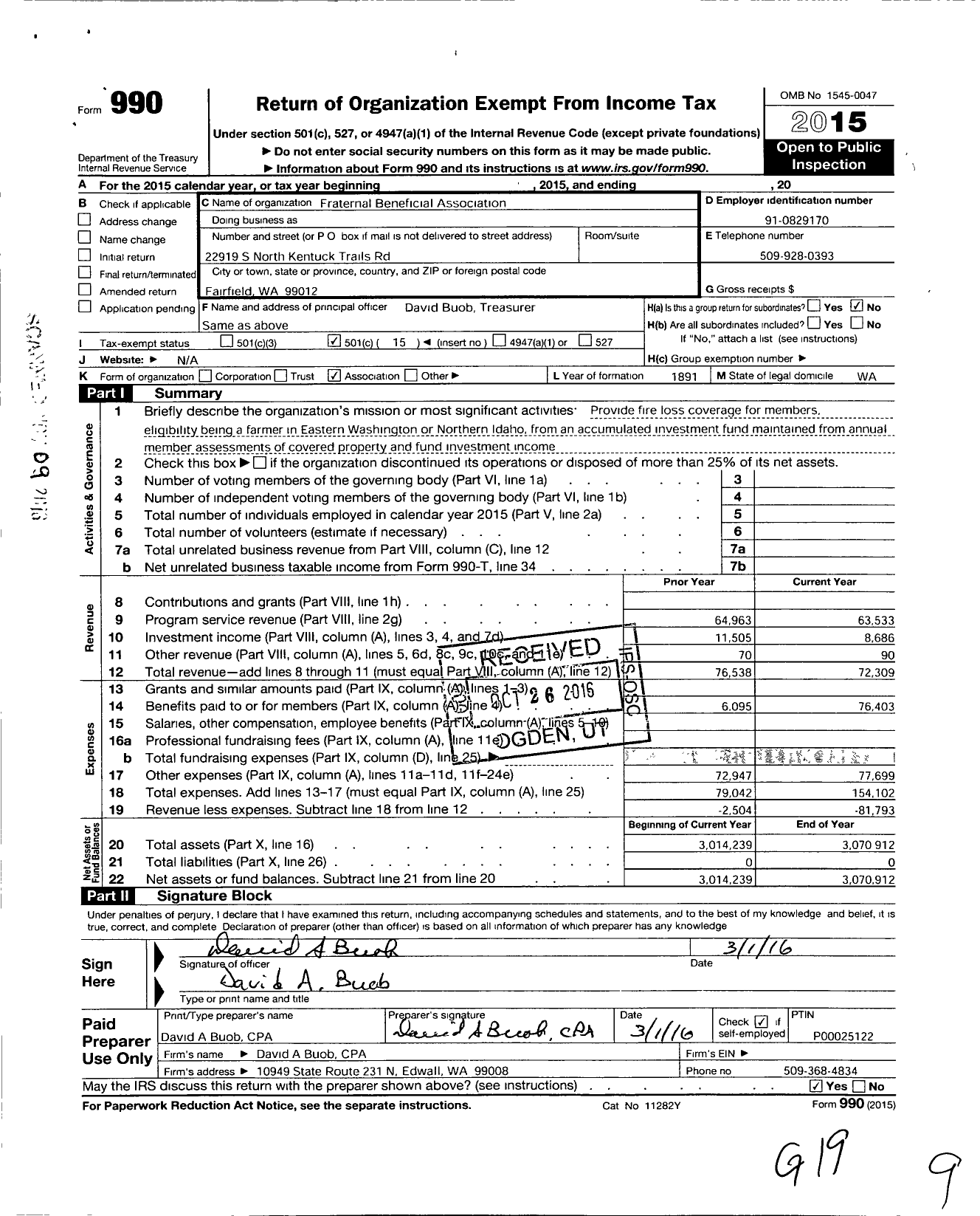 Image of first page of 2015 Form 990O for Fraternal Beneficial Association