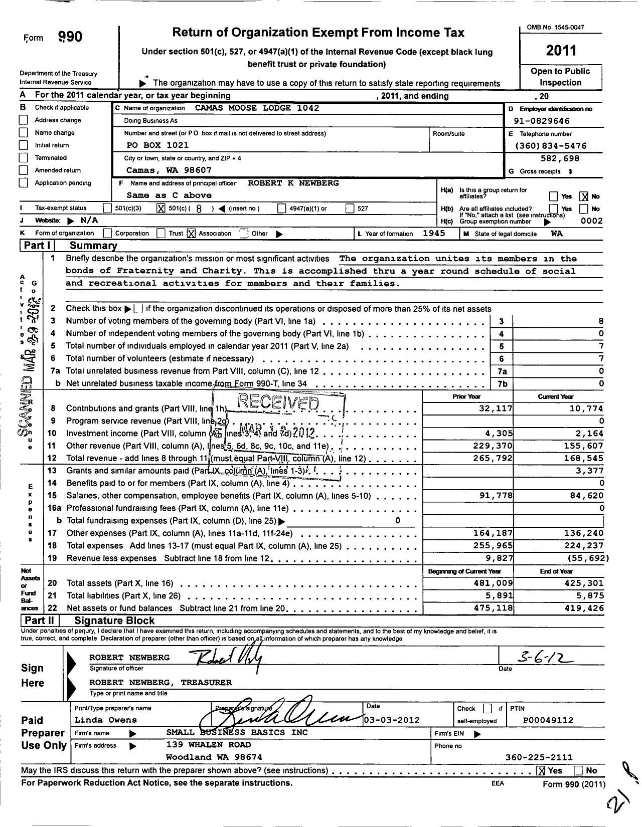 Image of first page of 2011 Form 990O for Loyal Order of Moose - 1042