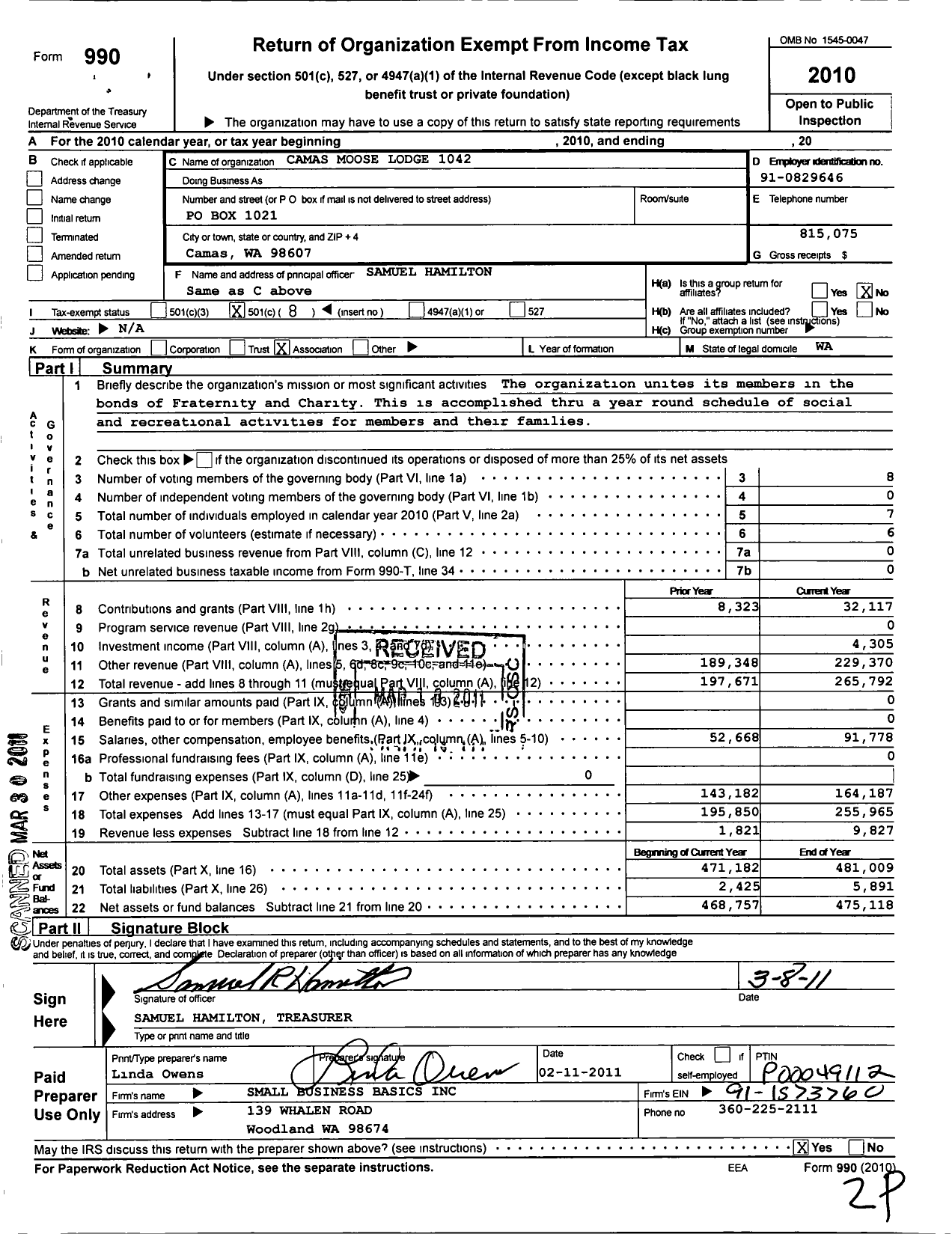 Image of first page of 2010 Form 990O for Loyal Order of Moose - 1042