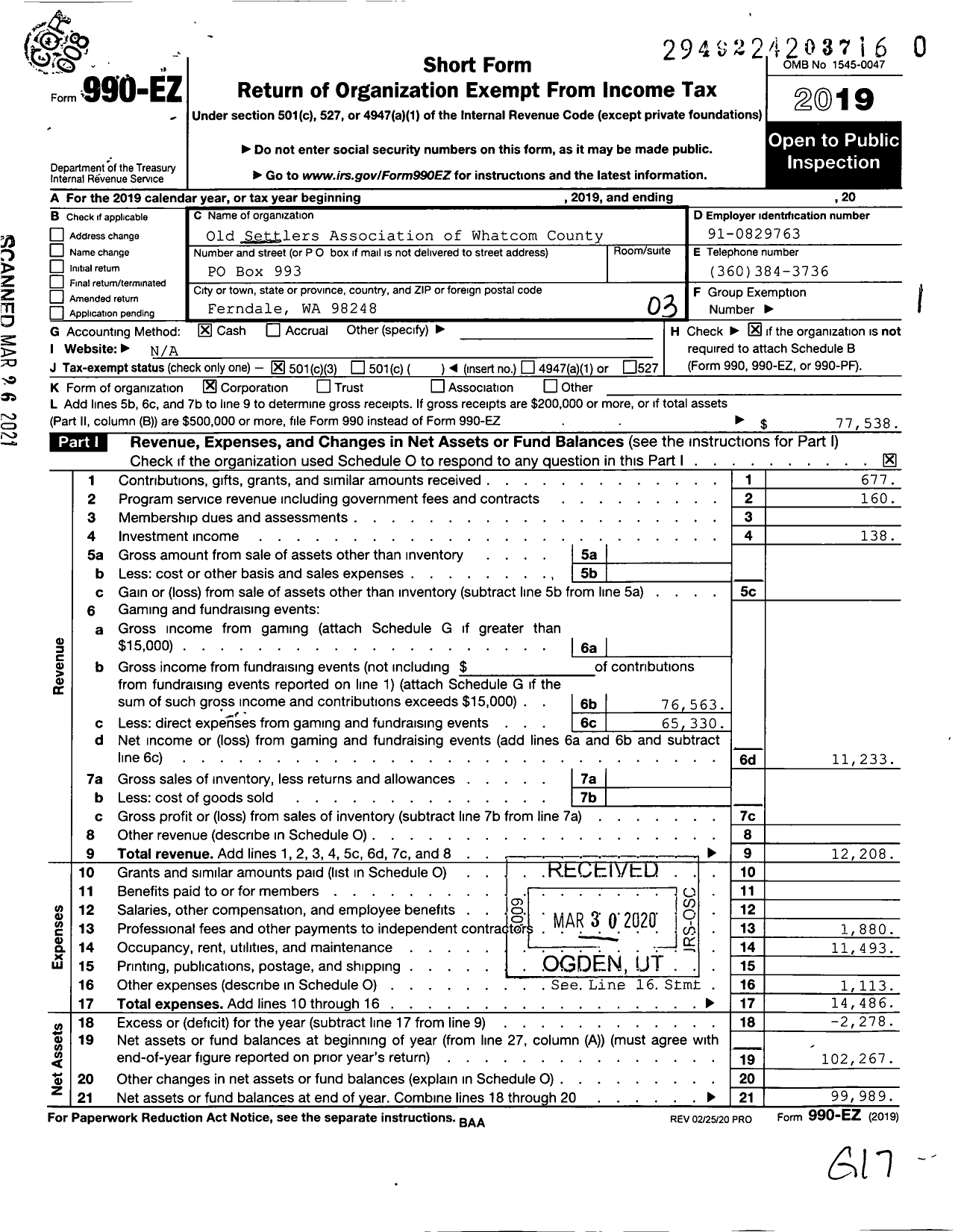Image of first page of 2019 Form 990EZ for Old Settlers Association of Whatcom County