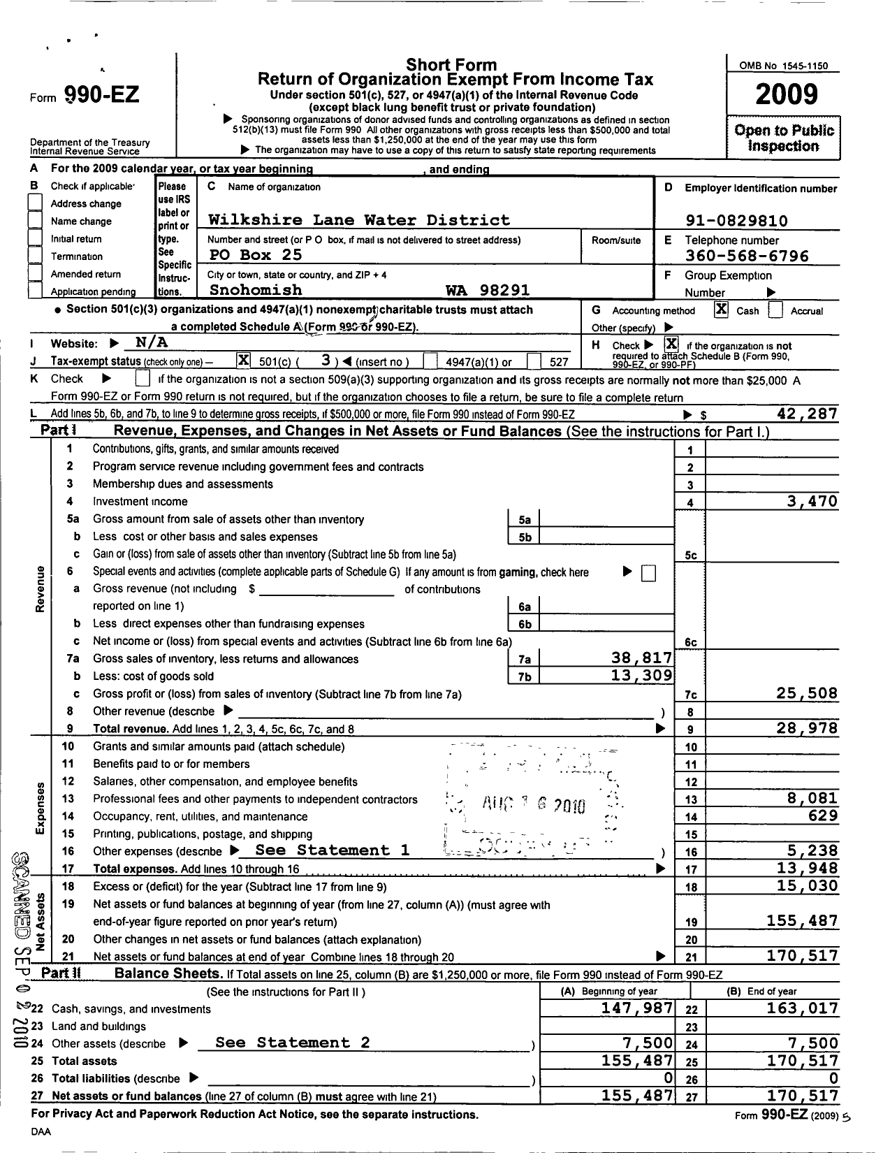 Image of first page of 2009 Form 990EZ for Wilkshire Lane Water District