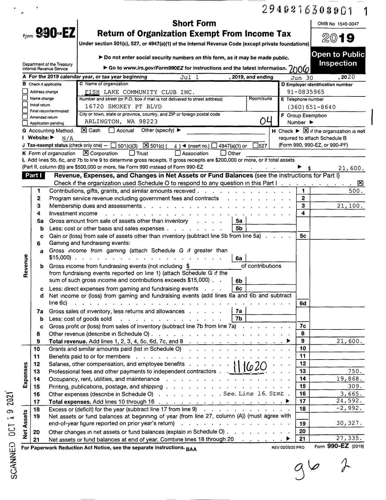 Image of first page of 2019 Form 990EO for Fish Lake Community Club