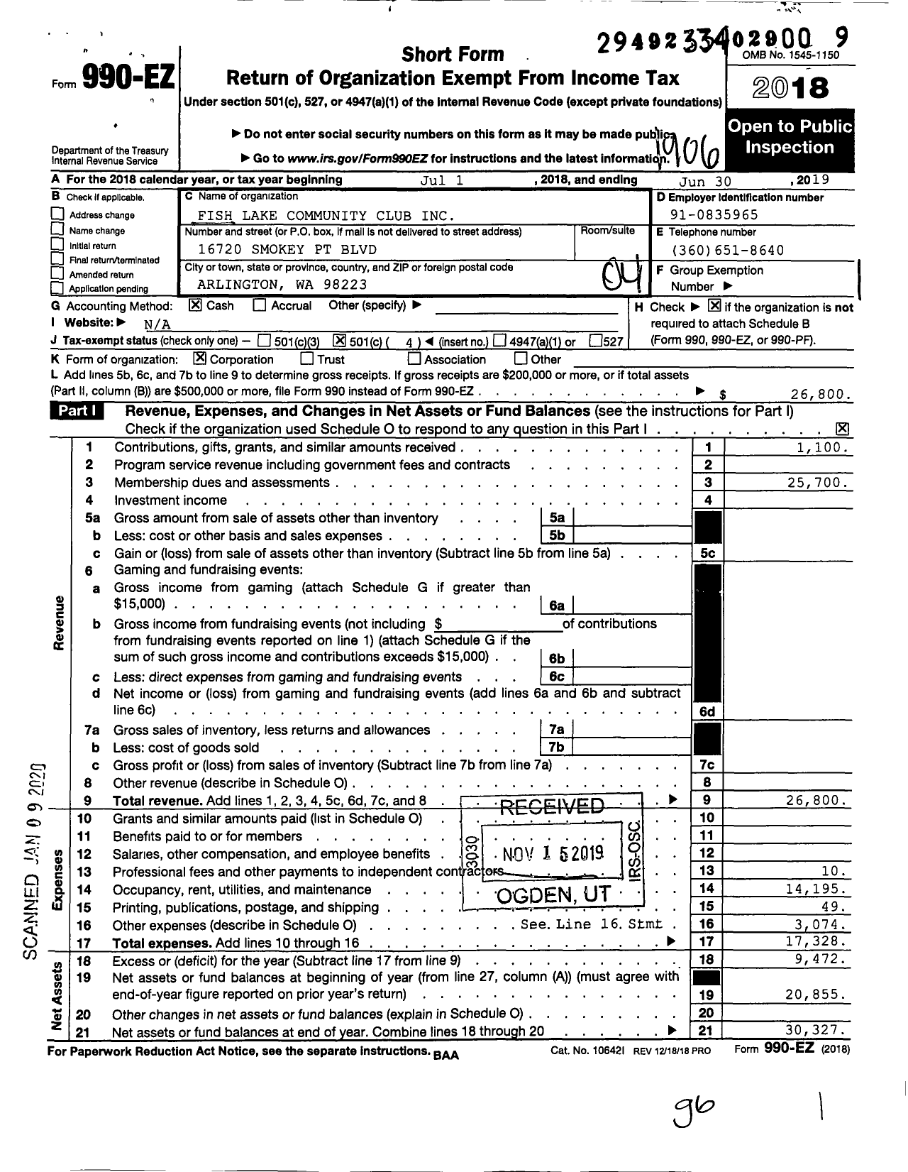 Image of first page of 2018 Form 990EO for Fish Lake Community Club