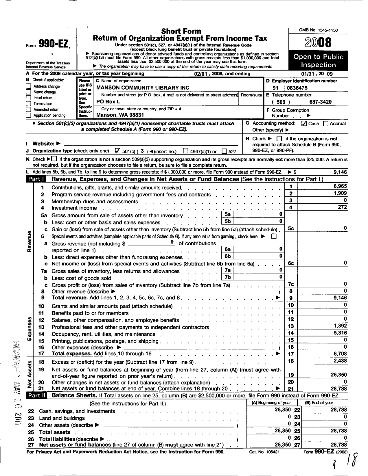 Image of first page of 2008 Form 990EZ for Manson Community Library