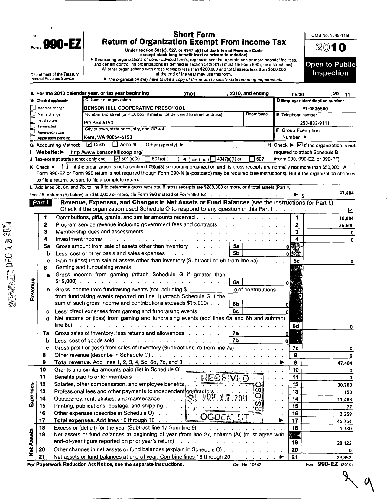 Image of first page of 2010 Form 990EZ for Benson Hill Cooperative Preschool School