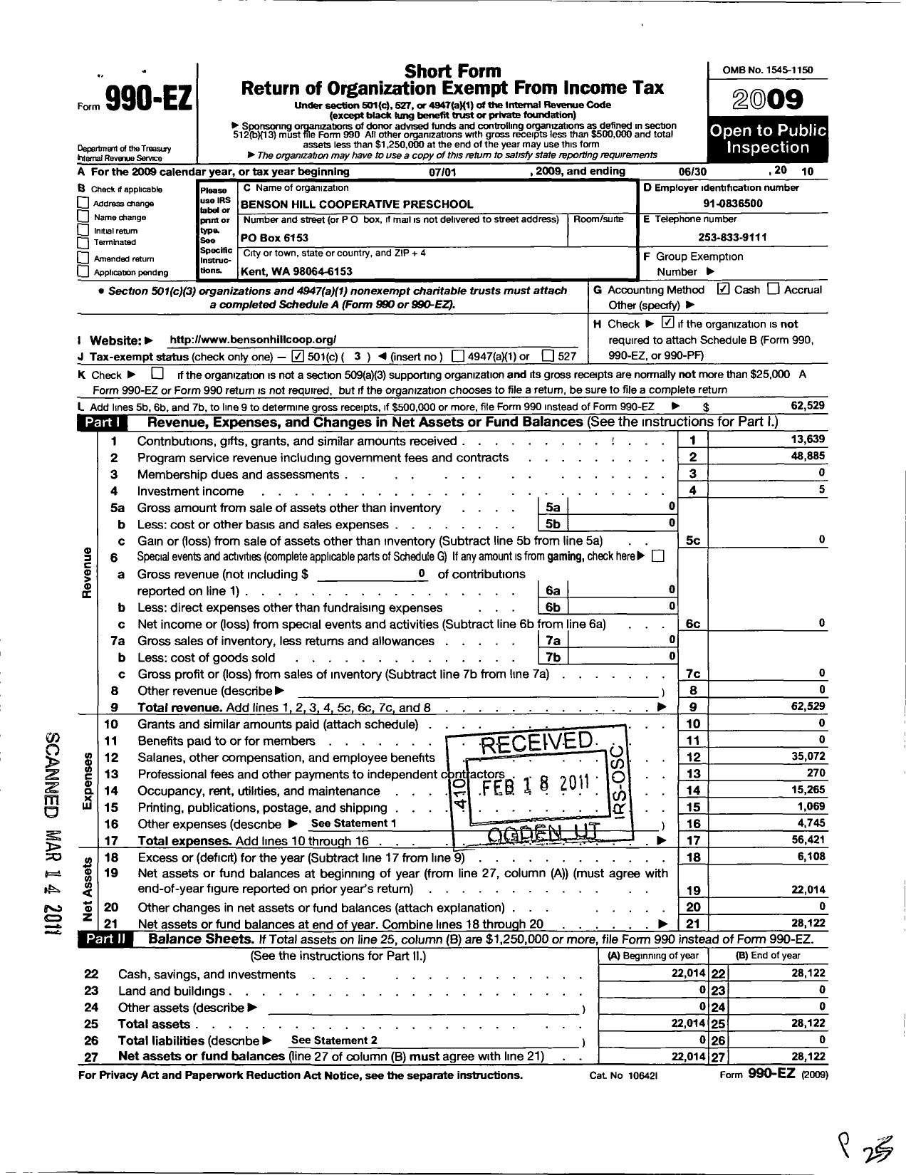 Image of first page of 2009 Form 990EZ for Benson Hill Cooperative Preschool School