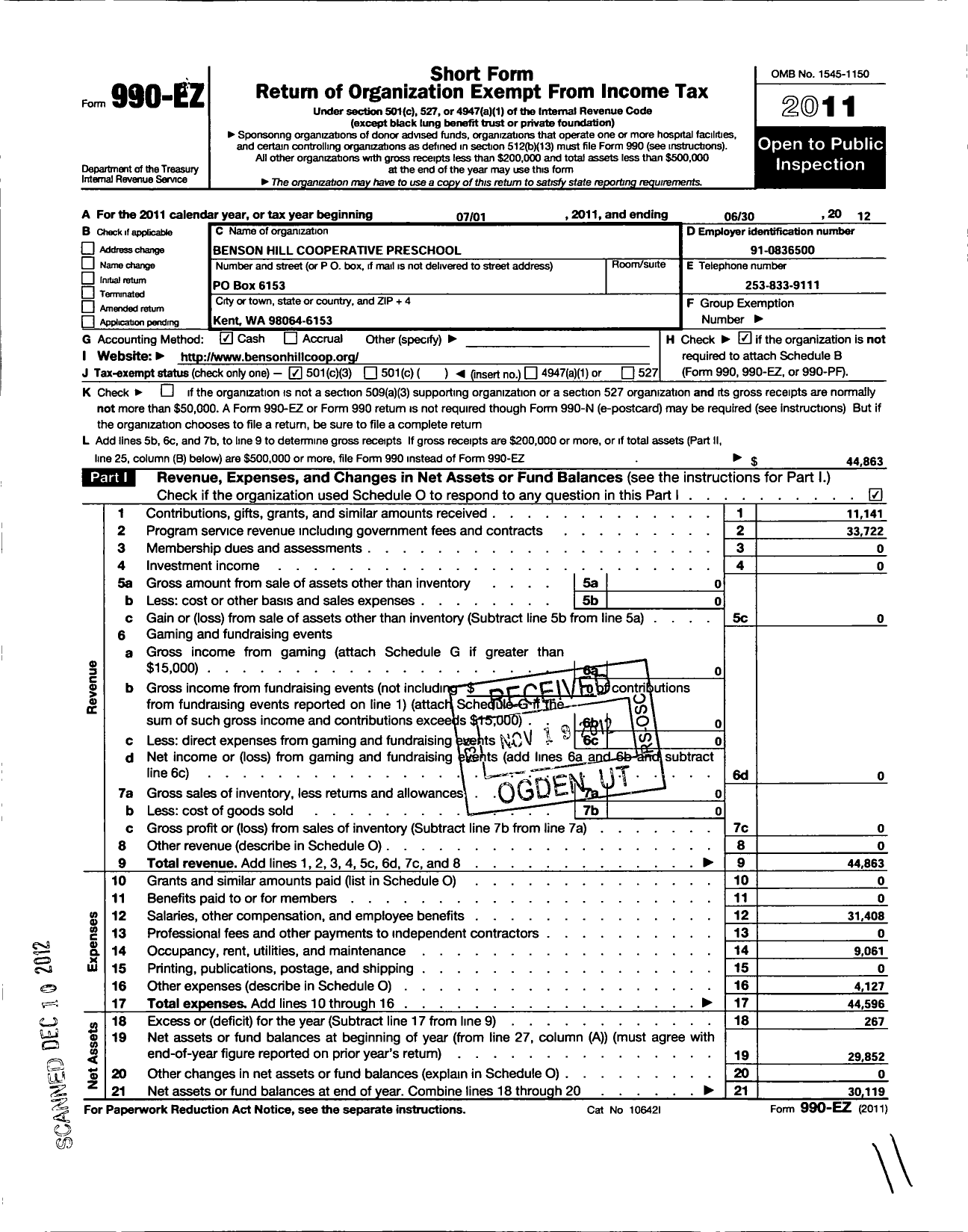 Image of first page of 2011 Form 990EZ for Benson Hill Cooperative Preschool School