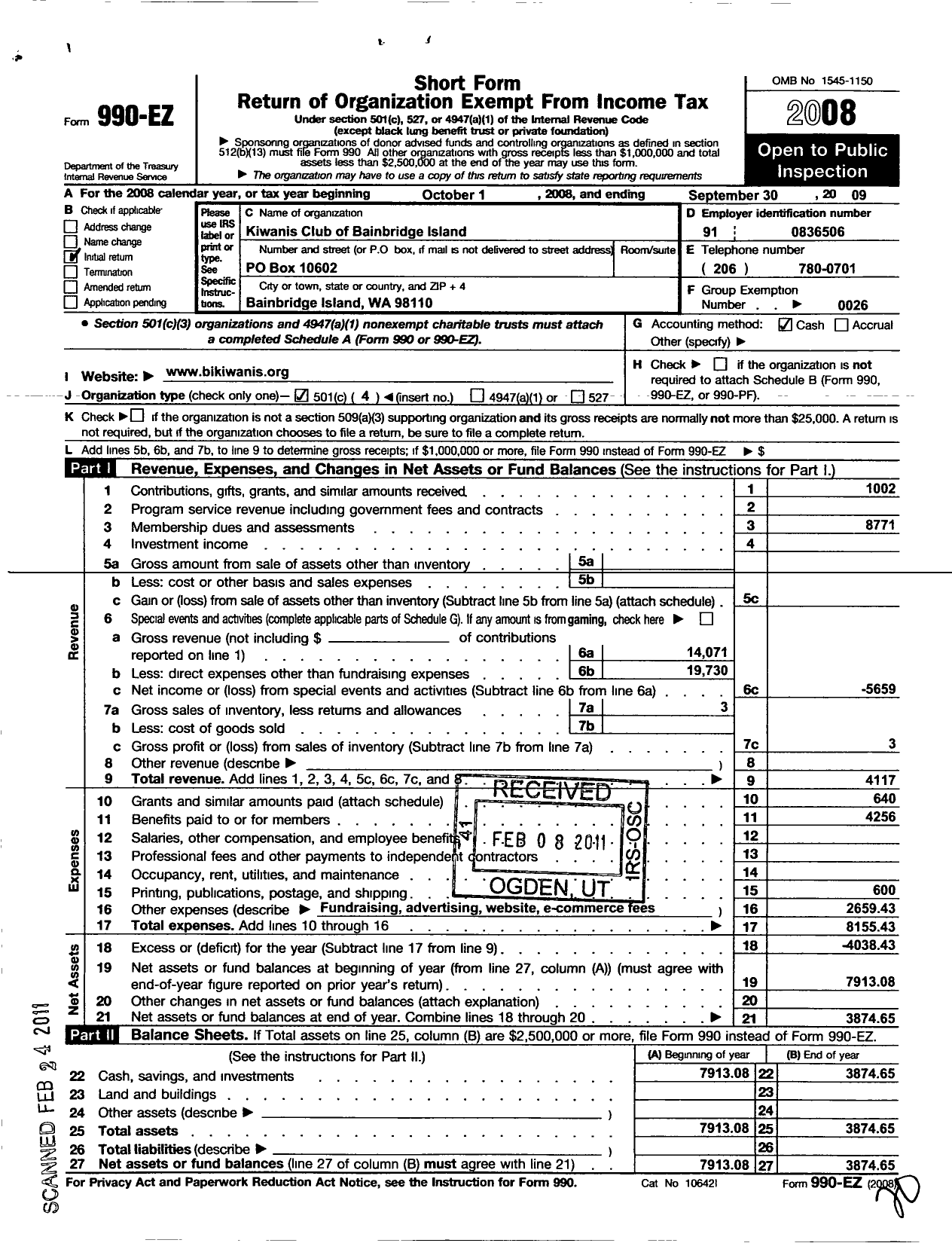 Image of first page of 2008 Form 990EO for Kiwanis International - K04995 Kiwanis of Bainbridge Island