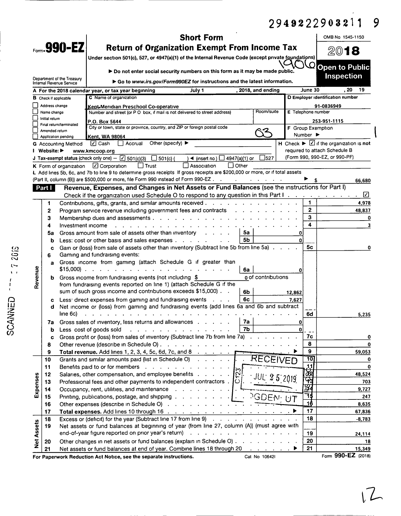 Image of first page of 2018 Form 990EZ for Kent-Meridian Preschool Co-Operative