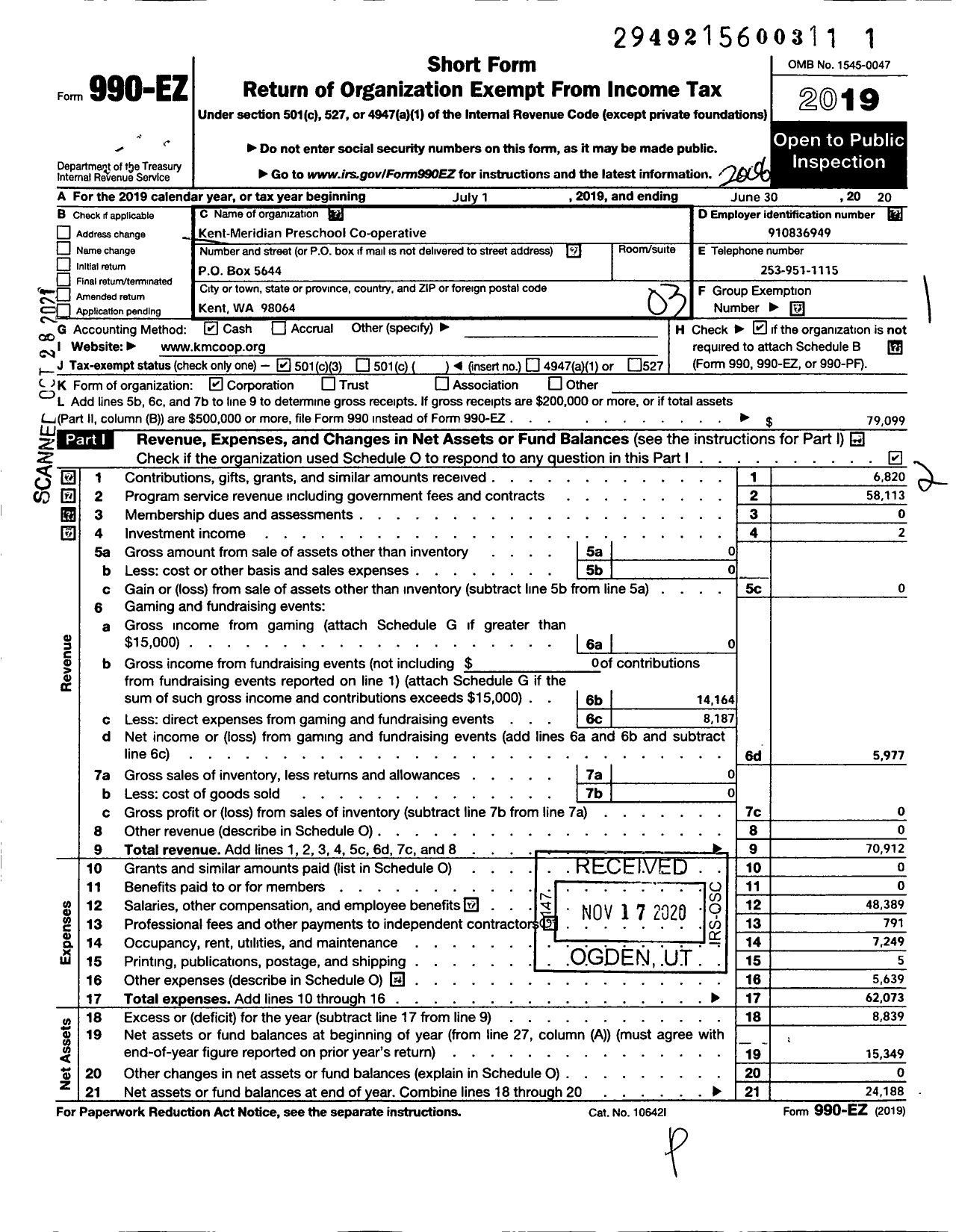 Image of first page of 2019 Form 990EZ for Kent-Meridian Preschool Co-Operative