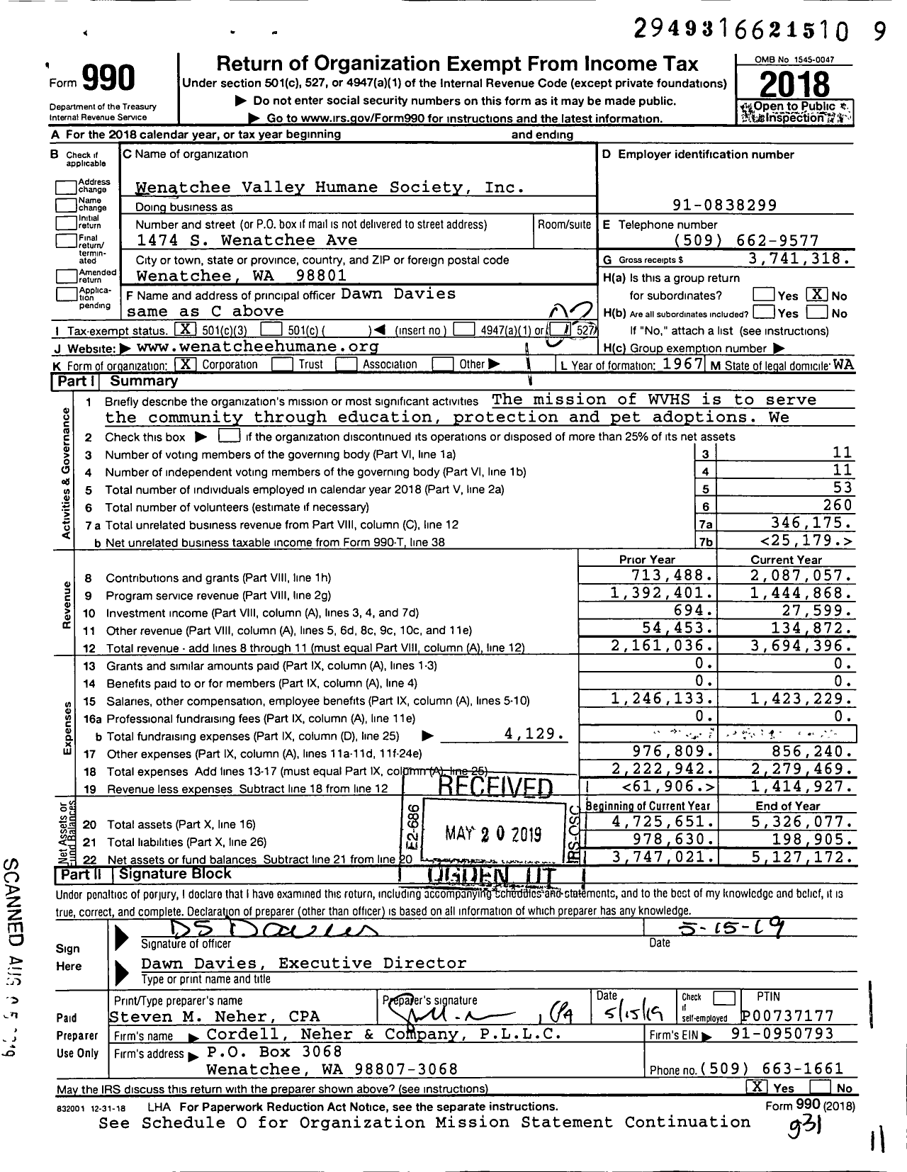 Image of first page of 2018 Form 990 for Wenatchee Valley Humane Society