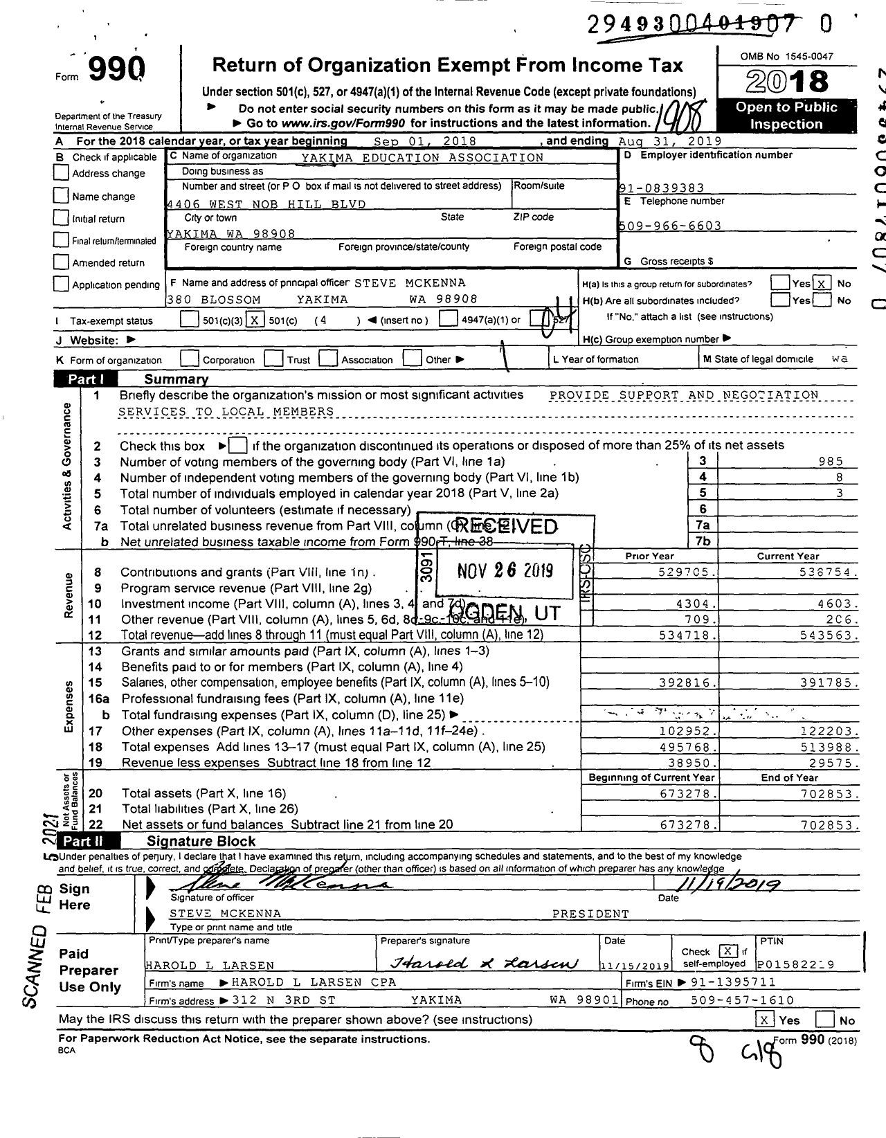 Image of first page of 2018 Form 990O for Yakima Education Association