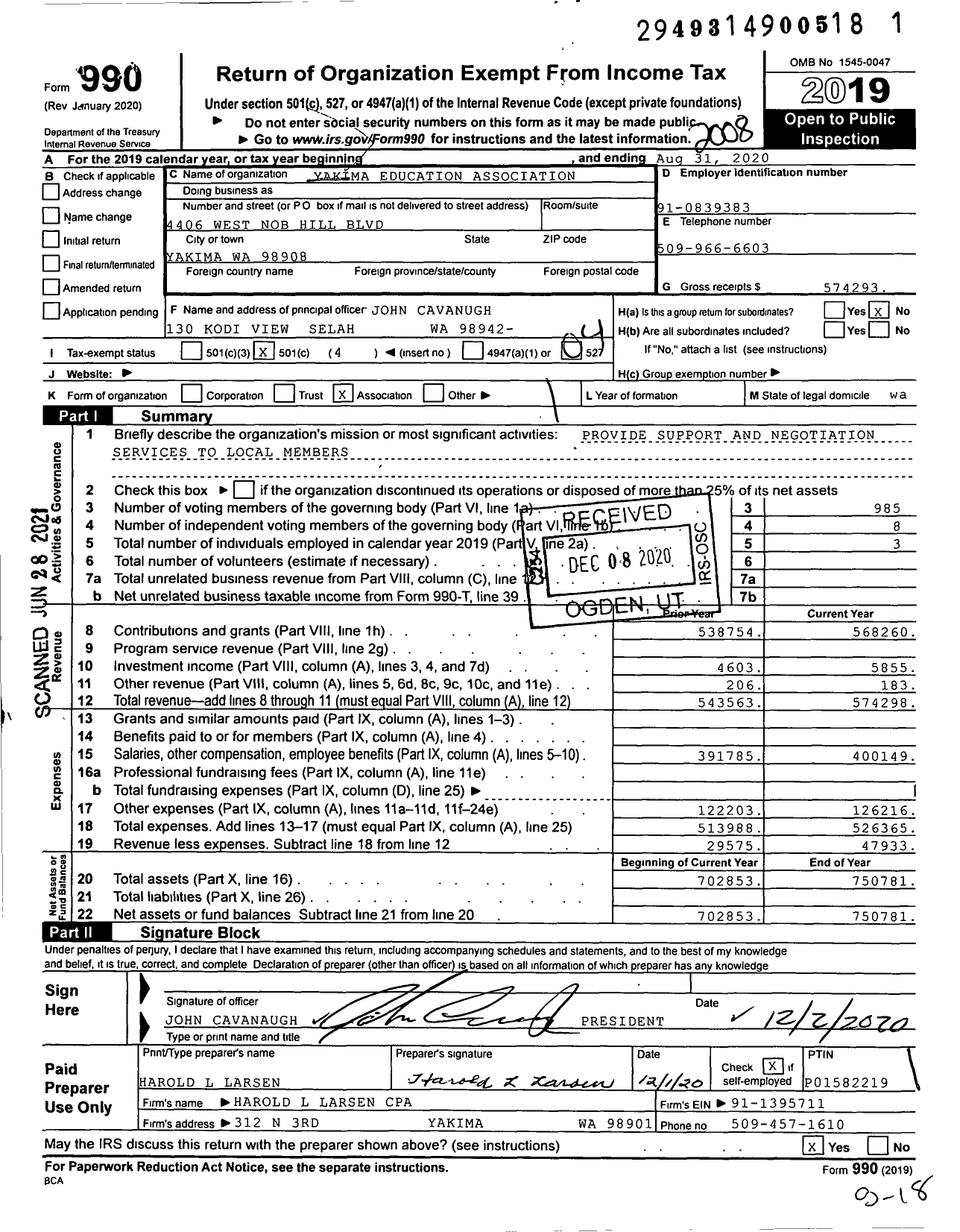 Image of first page of 2019 Form 990O for Yakima Education Association