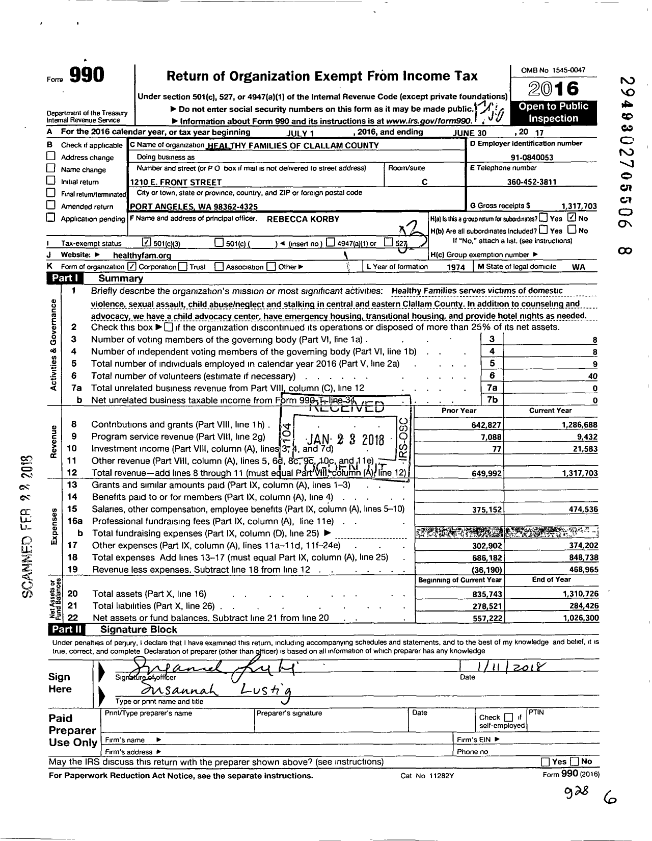 Image of first page of 2016 Form 990 for Healthy Families of Clallam County