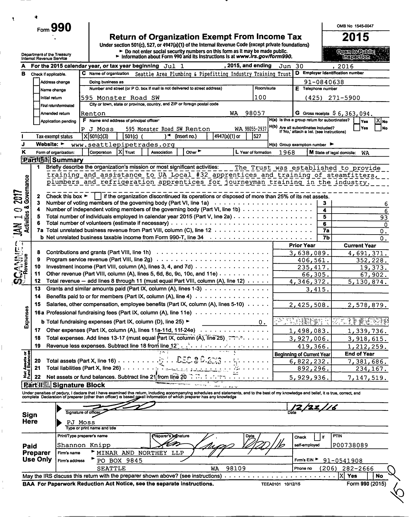 Image of first page of 2015 Form 990 for Seattle Area Plumbing and Pipefitting Industry Training Trust