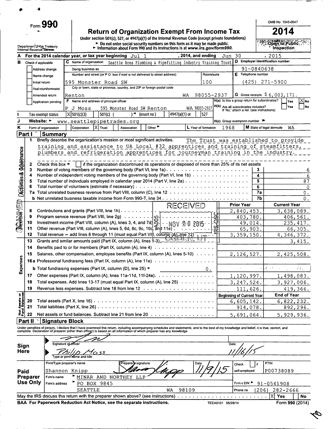 Image of first page of 2014 Form 990 for Seattle Area Plumbing and Pipefitting Industry Training Trust
