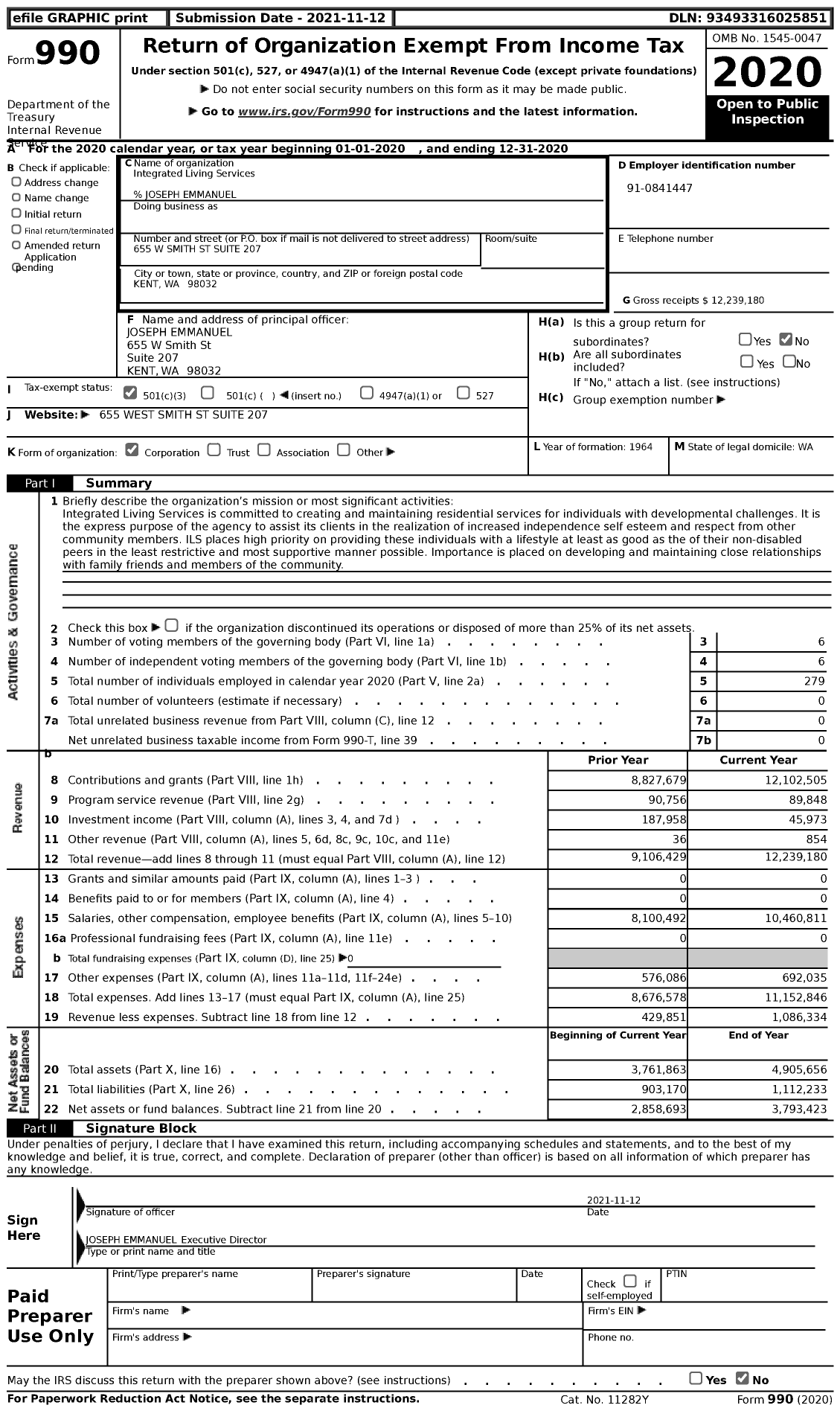 Image of first page of 2020 Form 990 for Integrated Living Services (ILS)