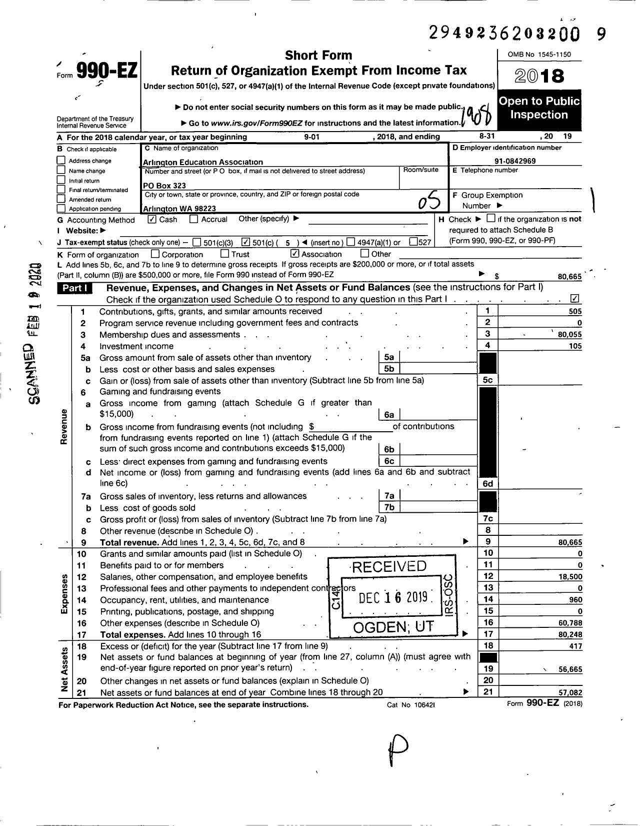 Image of first page of 2018 Form 990EO for Arlington Education Association Arlington School District No 16