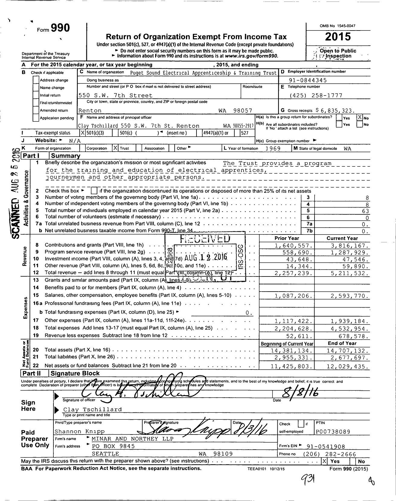 Image of first page of 2015 Form 990 for Puget Sound Electrical Joint Apprenticeship and Training Committee (PSEJATC)