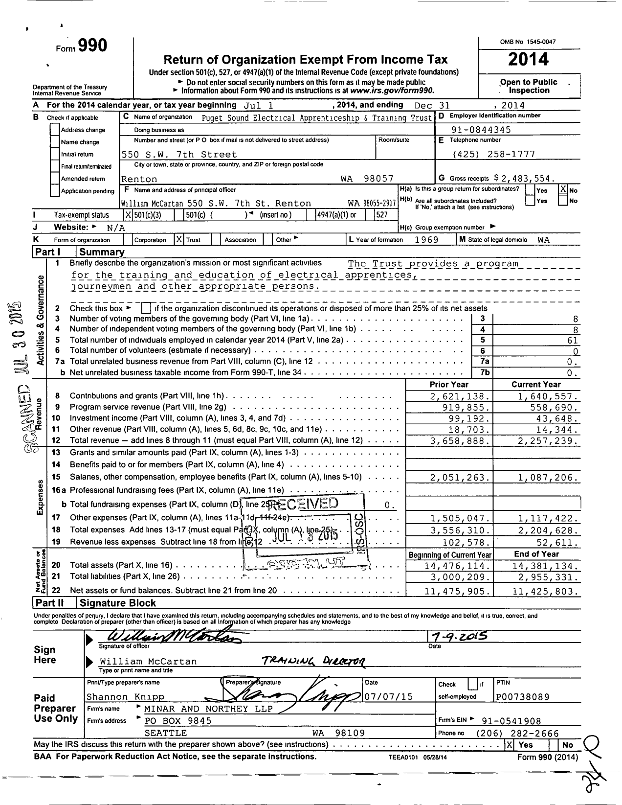Image of first page of 2014 Form 990 for Puget Sound Electrical Joint Apprenticeship and Training Committee (PSEJATC)