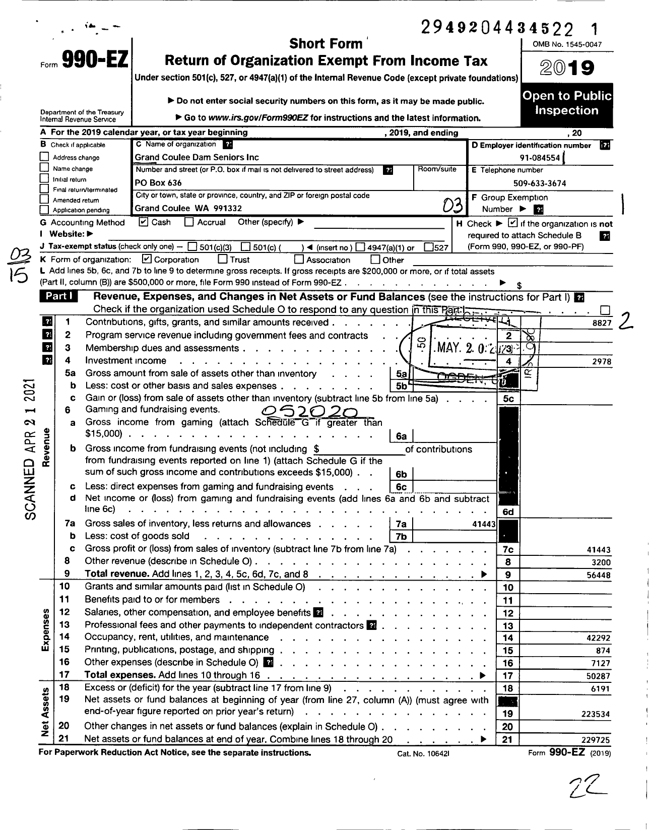 Image of first page of 2019 Form 990EZ for Grand Coulee Dam Seniors