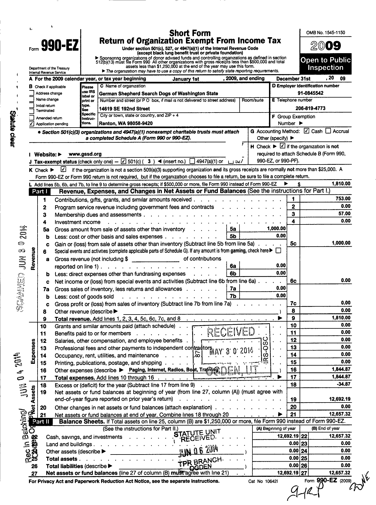 Image of first page of 2009 Form 990EZ for German Shepherd Search Dogs of Washington State