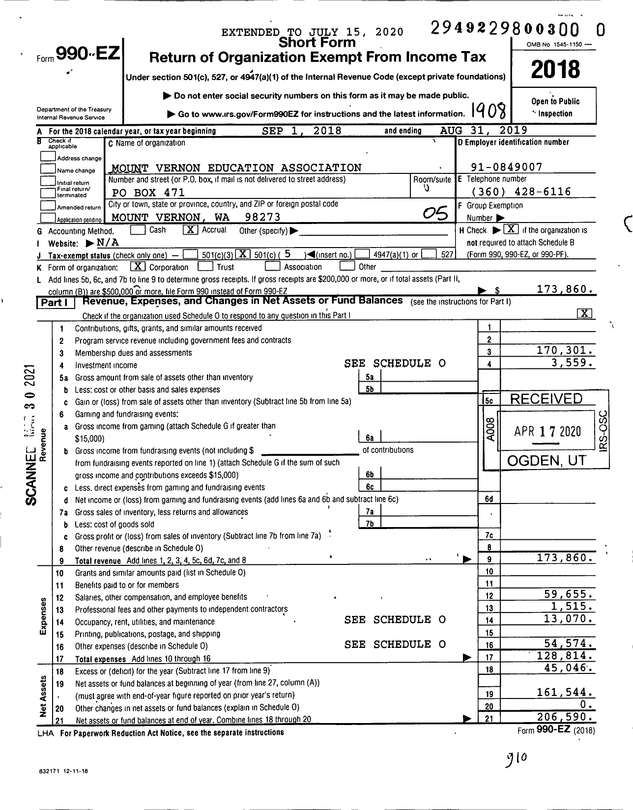 Image of first page of 2018 Form 990EO for Mount Vernon Education Association