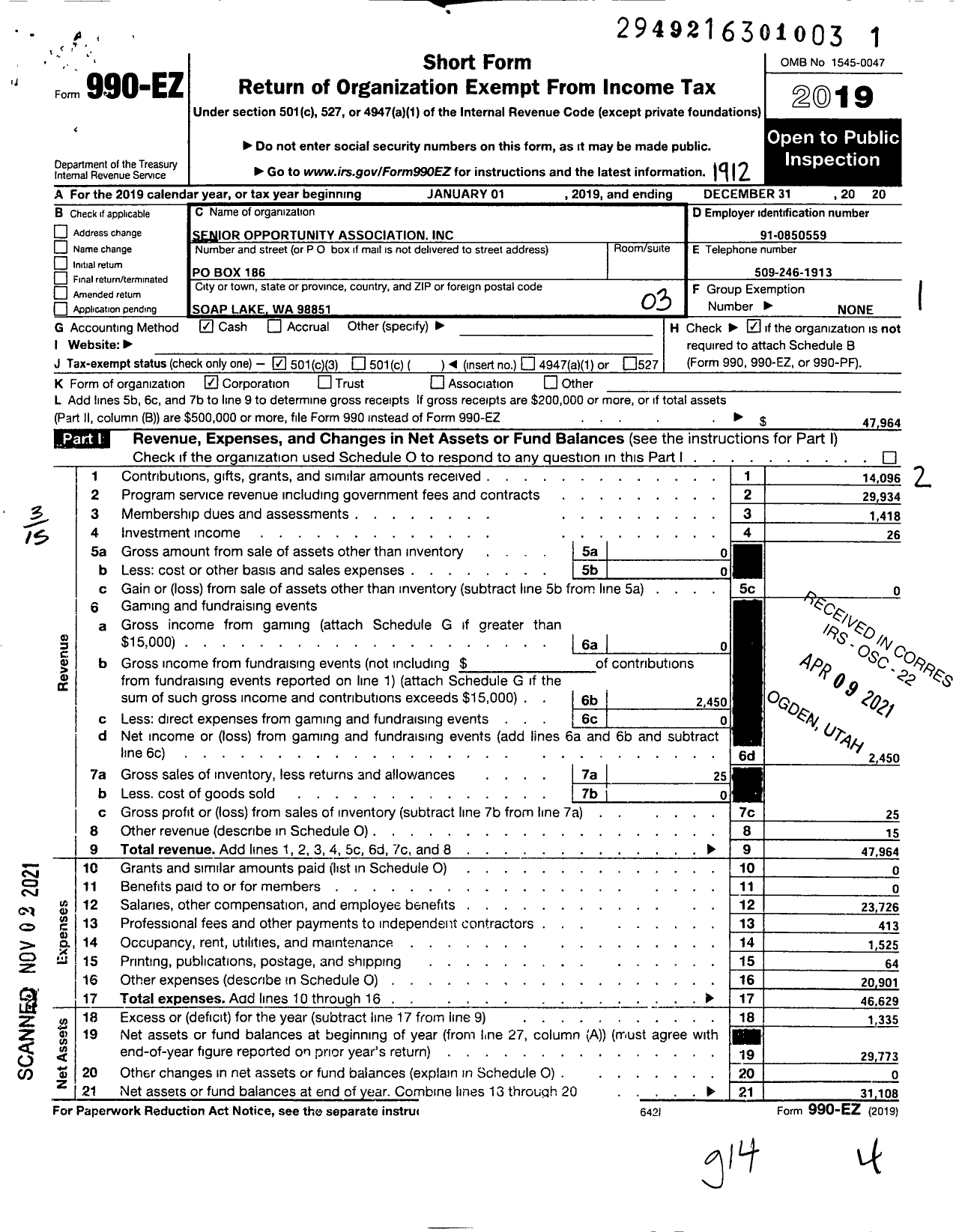 Image of first page of 2019 Form 990EZ for Senior Opportunity Association