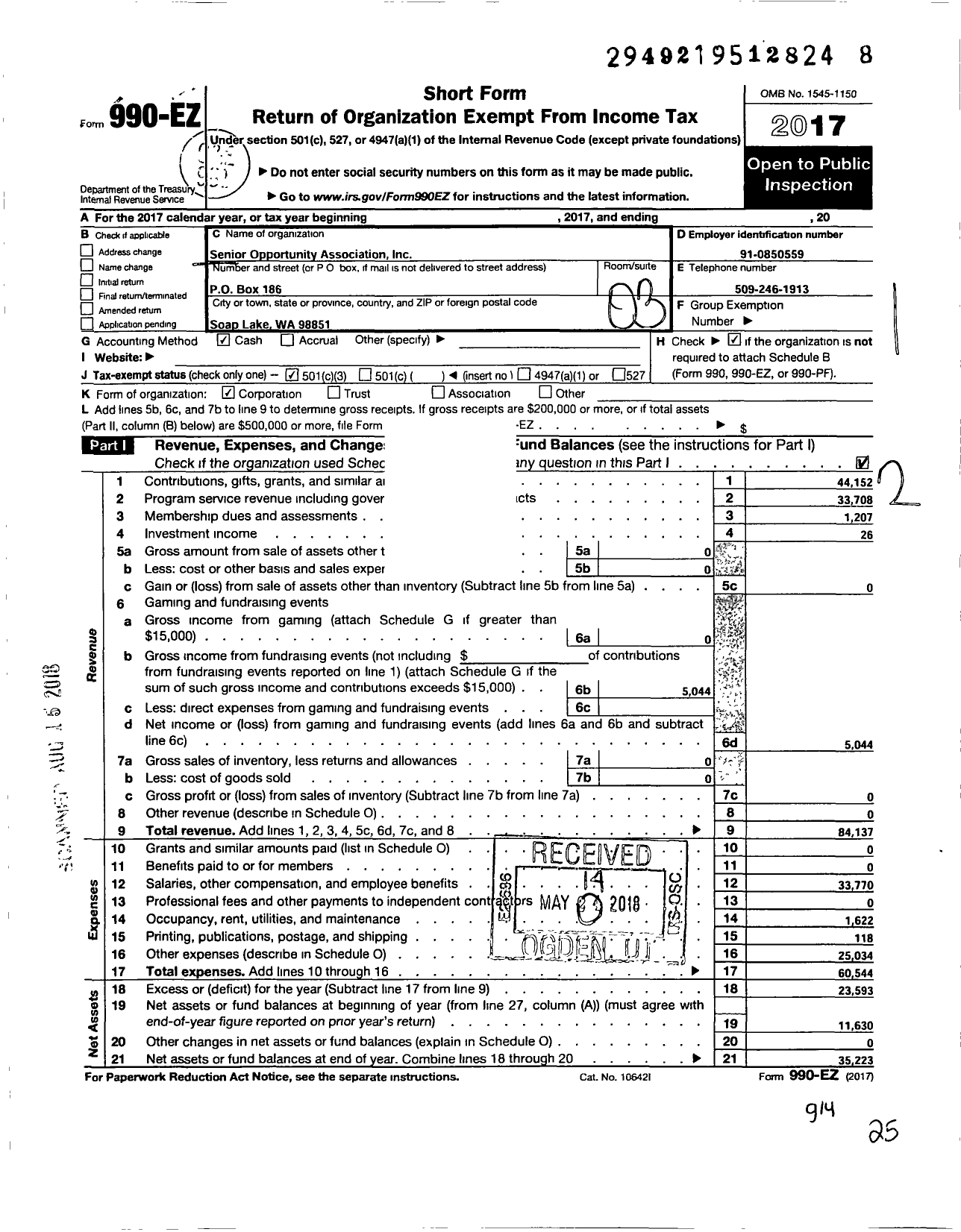 Image of first page of 2017 Form 990EZ for Senior Opportunity Association