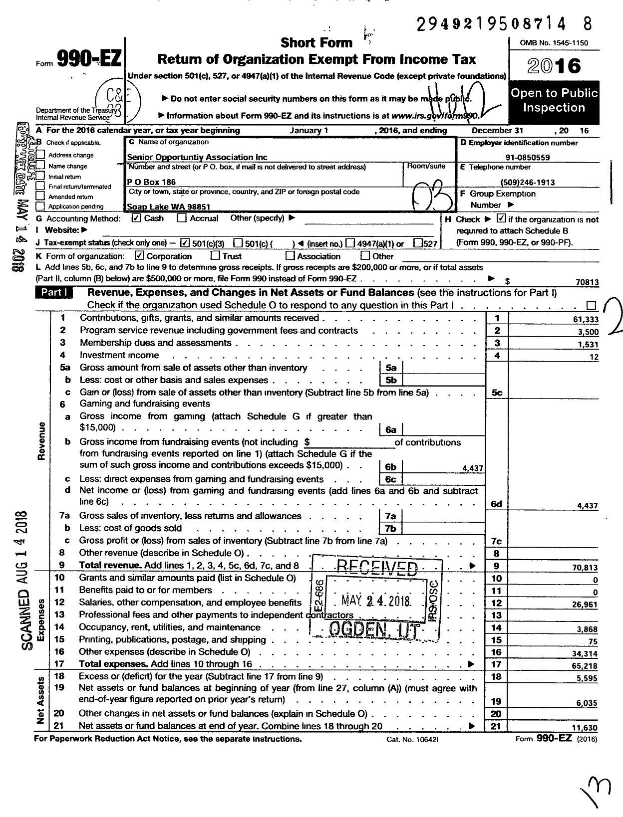 Image of first page of 2016 Form 990EZ for Senior Opportunity Association