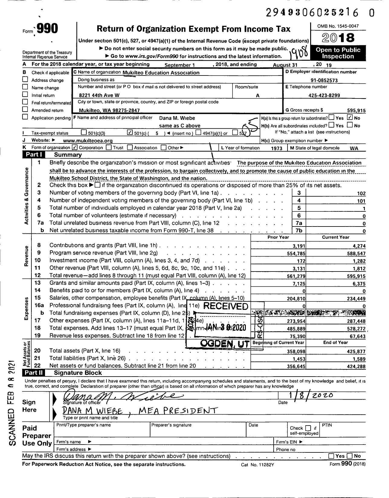 Image of first page of 2018 Form 990O for Mukilteo Education Association