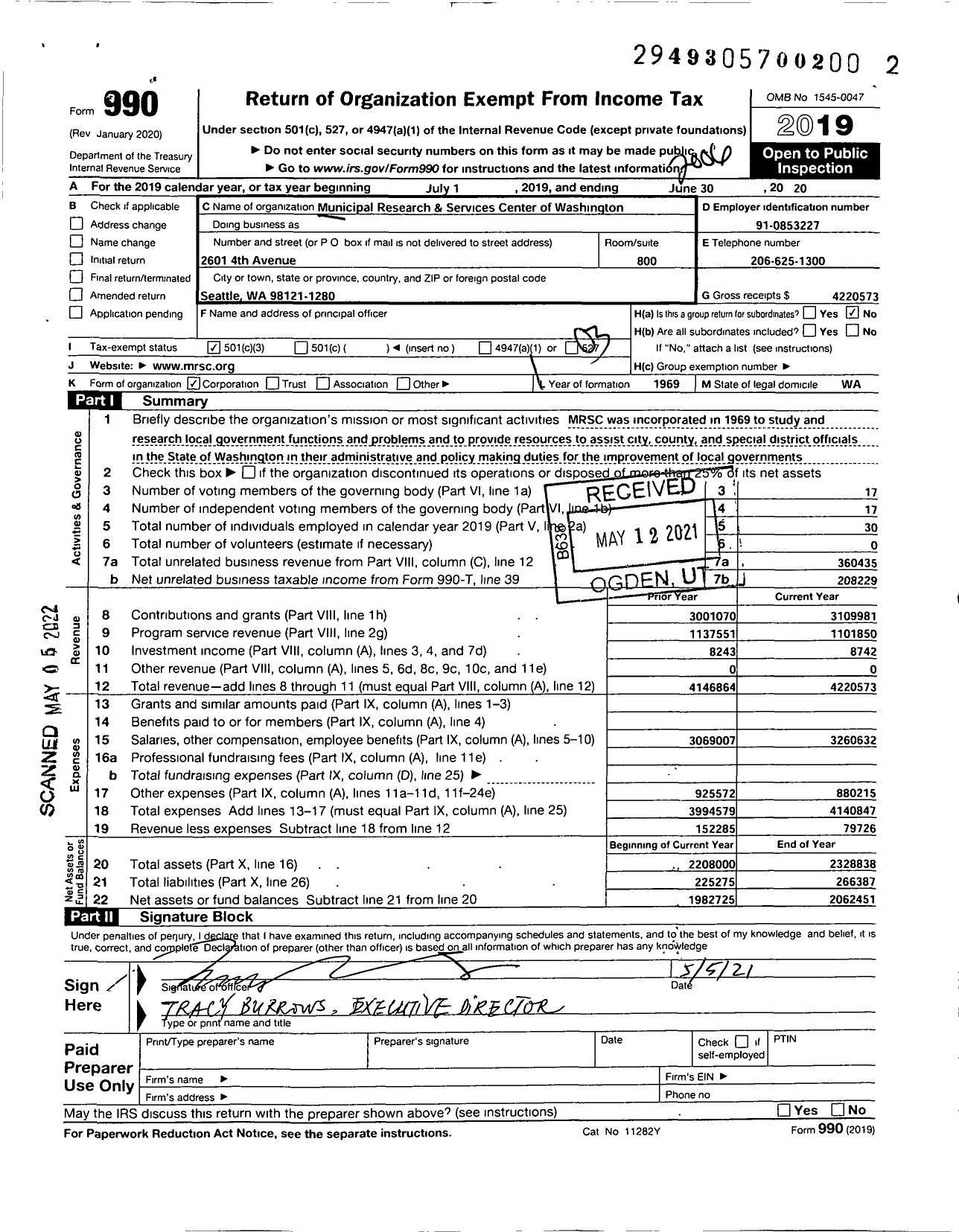 Image of first page of 2019 Form 990 for Municipal Research and Services Center of Washington (MRSC)