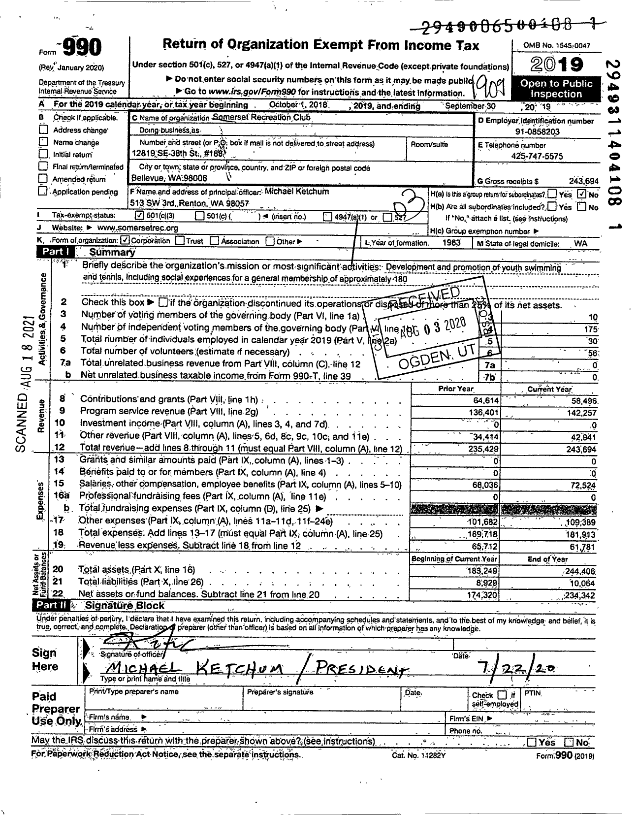 Image of first page of 2018 Form 990 for Somerset Recreation Club