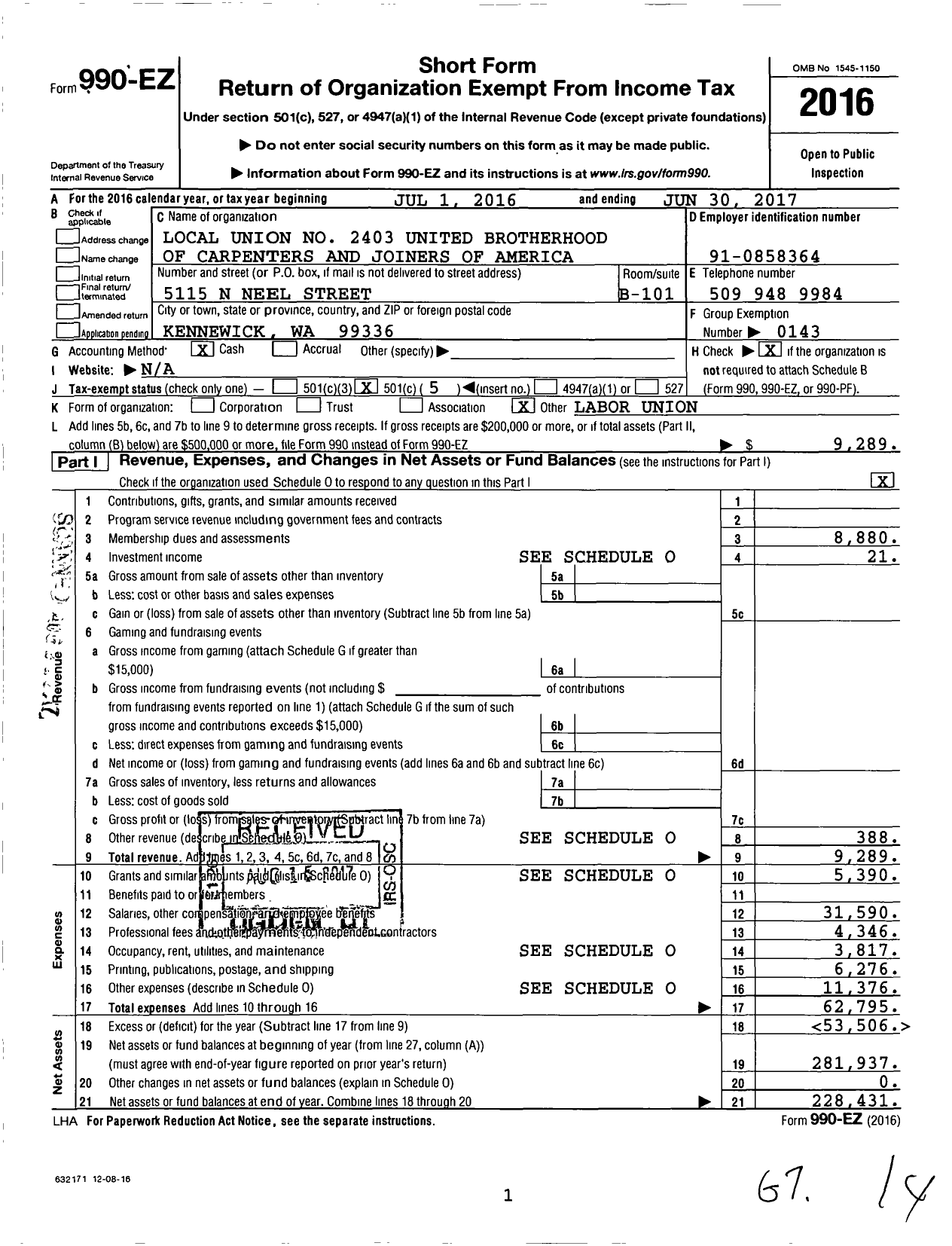 Image of first page of 2016 Form 990EO for United Brotherhood of Carpenters & Joiners - 2403 (2403)